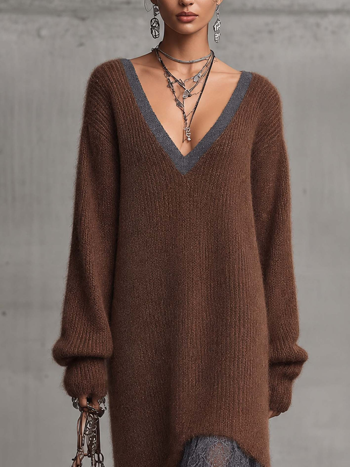 Chocolate Brown Fuzzy Mohair Knit Midi Dress With Contrast Lace Hem