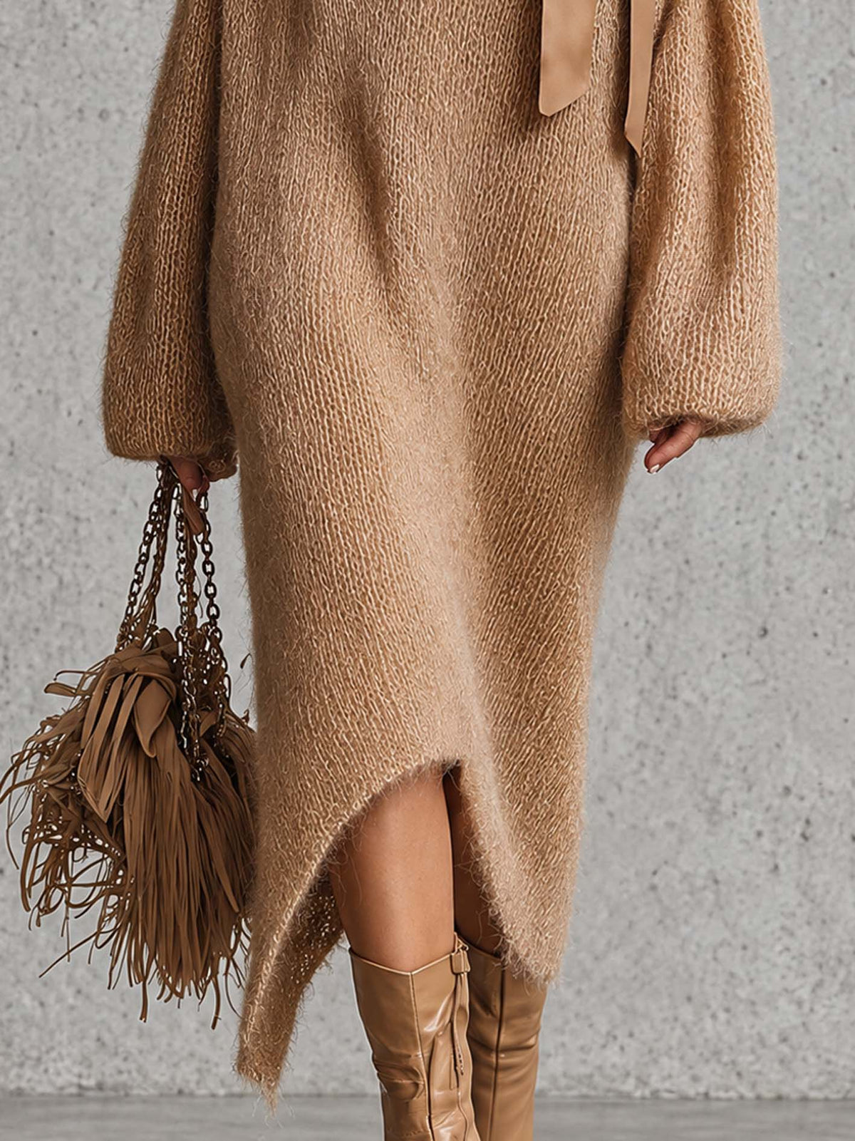 Camel Fuzzy Mohair Knit Midi Dress With Cold Shoulder Cutouts And Satin Bow