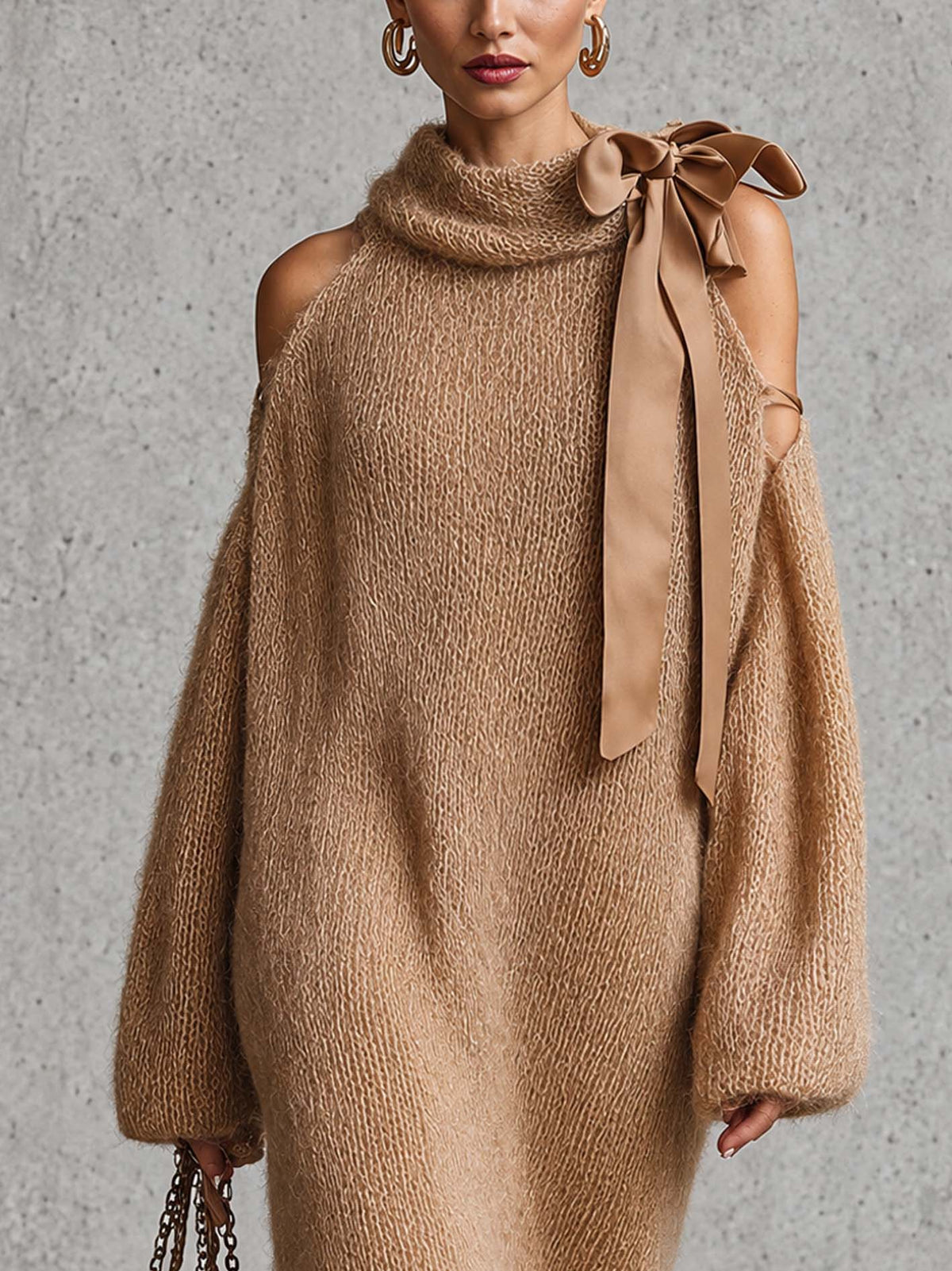 Camel Fuzzy Mohair Knit Midi Dress With Cold Shoulder Cutouts And Satin Bow