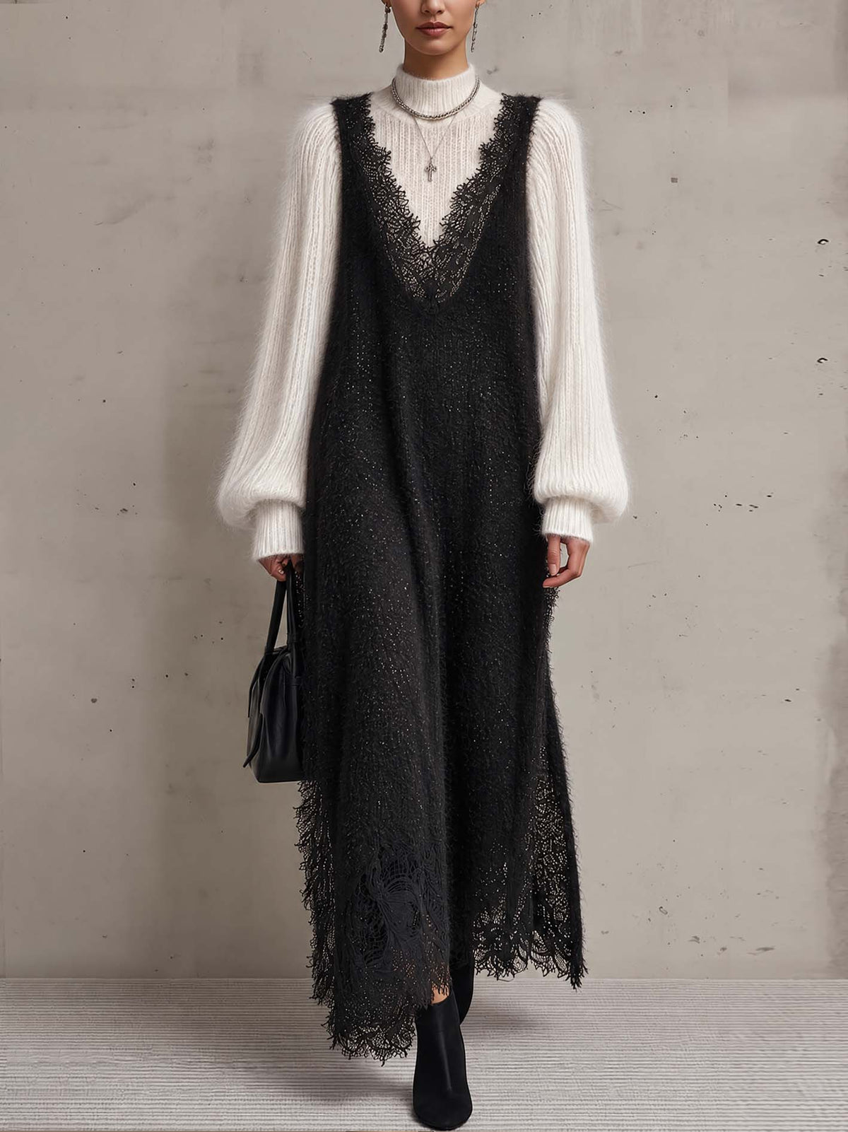 Black And Ivory Color Block Knit Maxi Dress Set With Sheer Lace Trim And Mohair Turtleneck