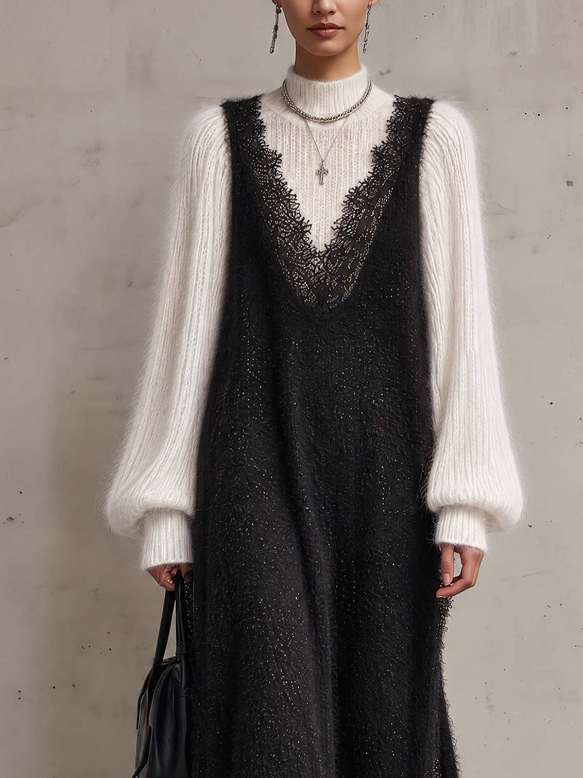 Black And Ivory Color Block Knit Maxi Dress Set With Sheer Lace Trim And Mohair Turtleneck