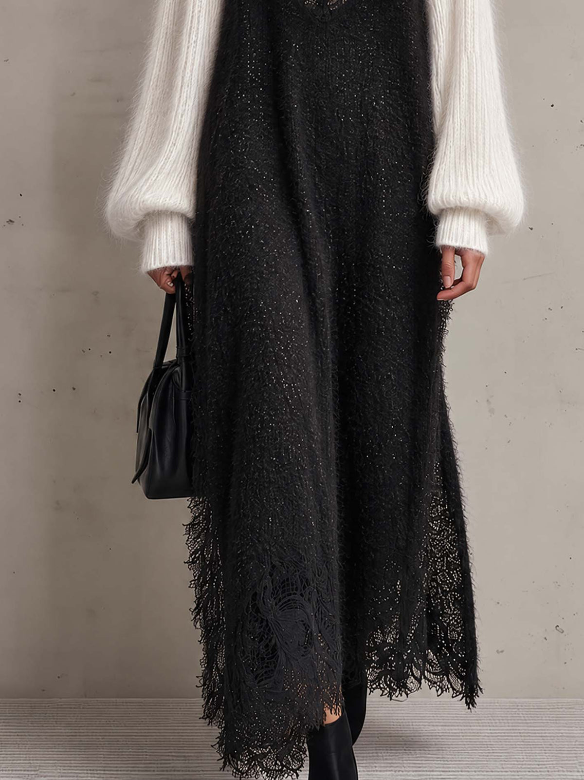 Black And Ivory Color Block Knit Maxi Dress Set With Sheer Lace Trim And Mohair Turtleneck