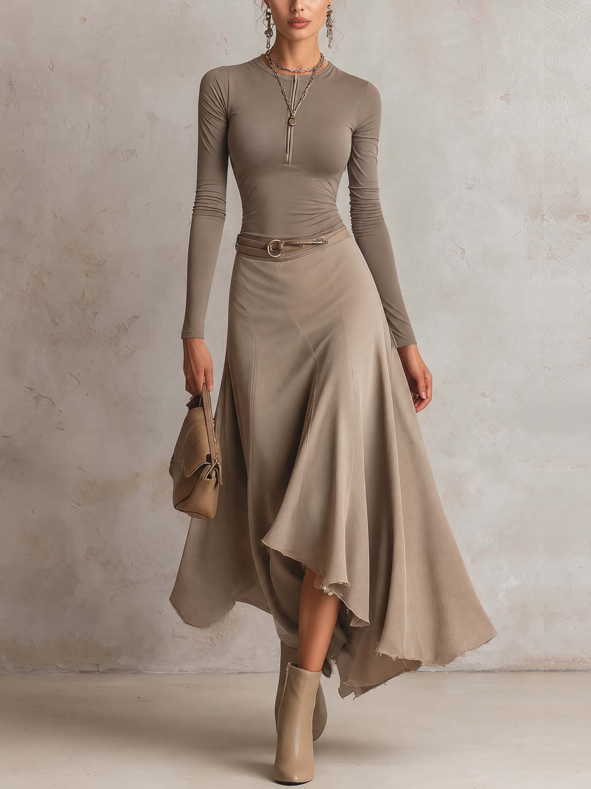 Taupe Half-Zip Fitted Top And Faux Suede Asymmetrical Midi Skirt Set With Belt
