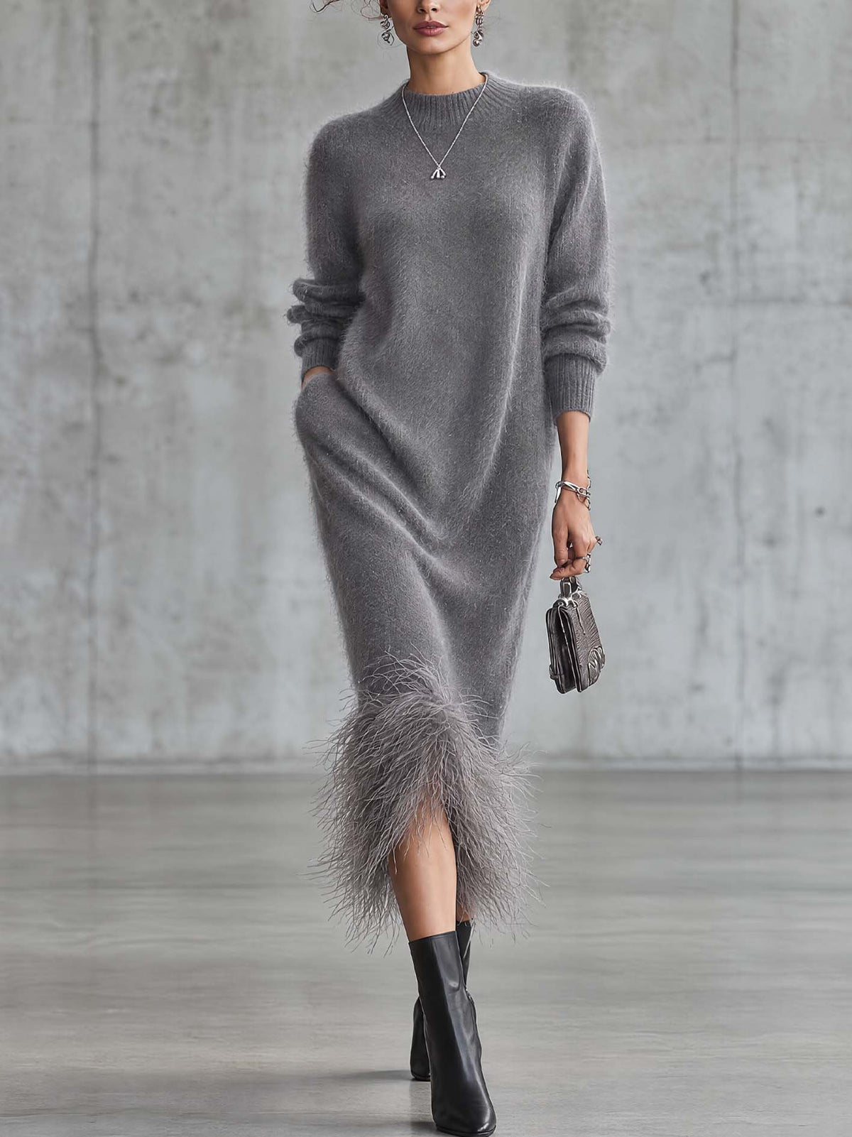 Gray Fluffy Mohair Knit Midi Dress With Faux Ostrich Feather Trim Hem