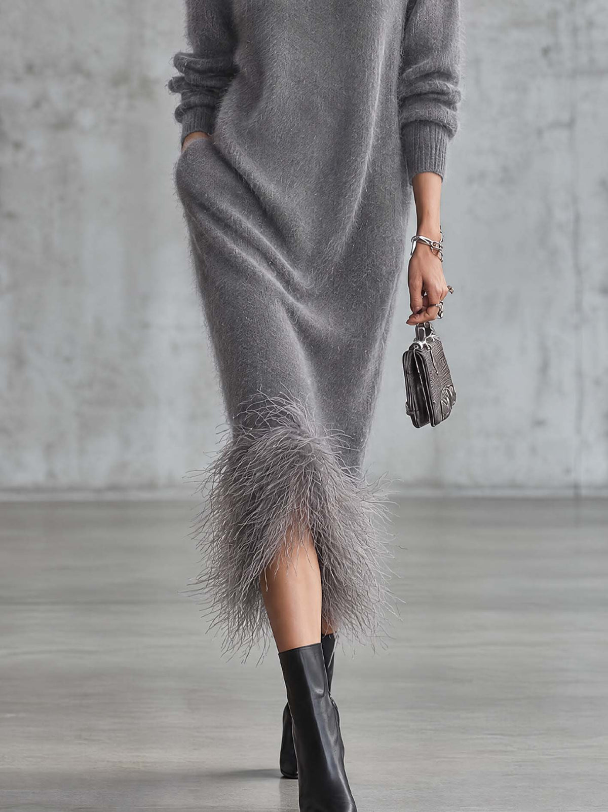 Gray Fluffy Mohair Knit Midi Dress With Faux Ostrich Feather Trim Hem