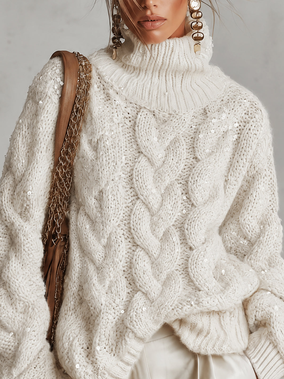Cream Sequin Cable Knit Oversized Turtleneck Sweater