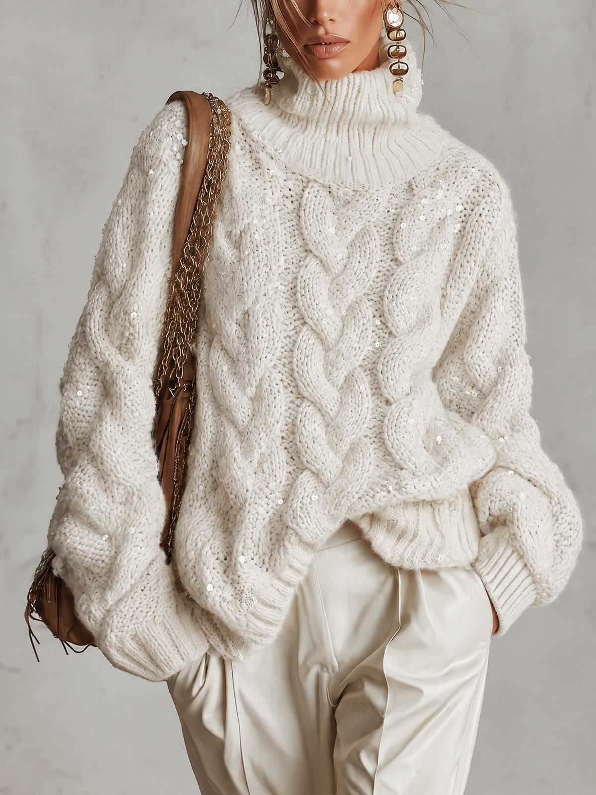 Cream Sequin Cable Knit Oversized Turtleneck Sweater