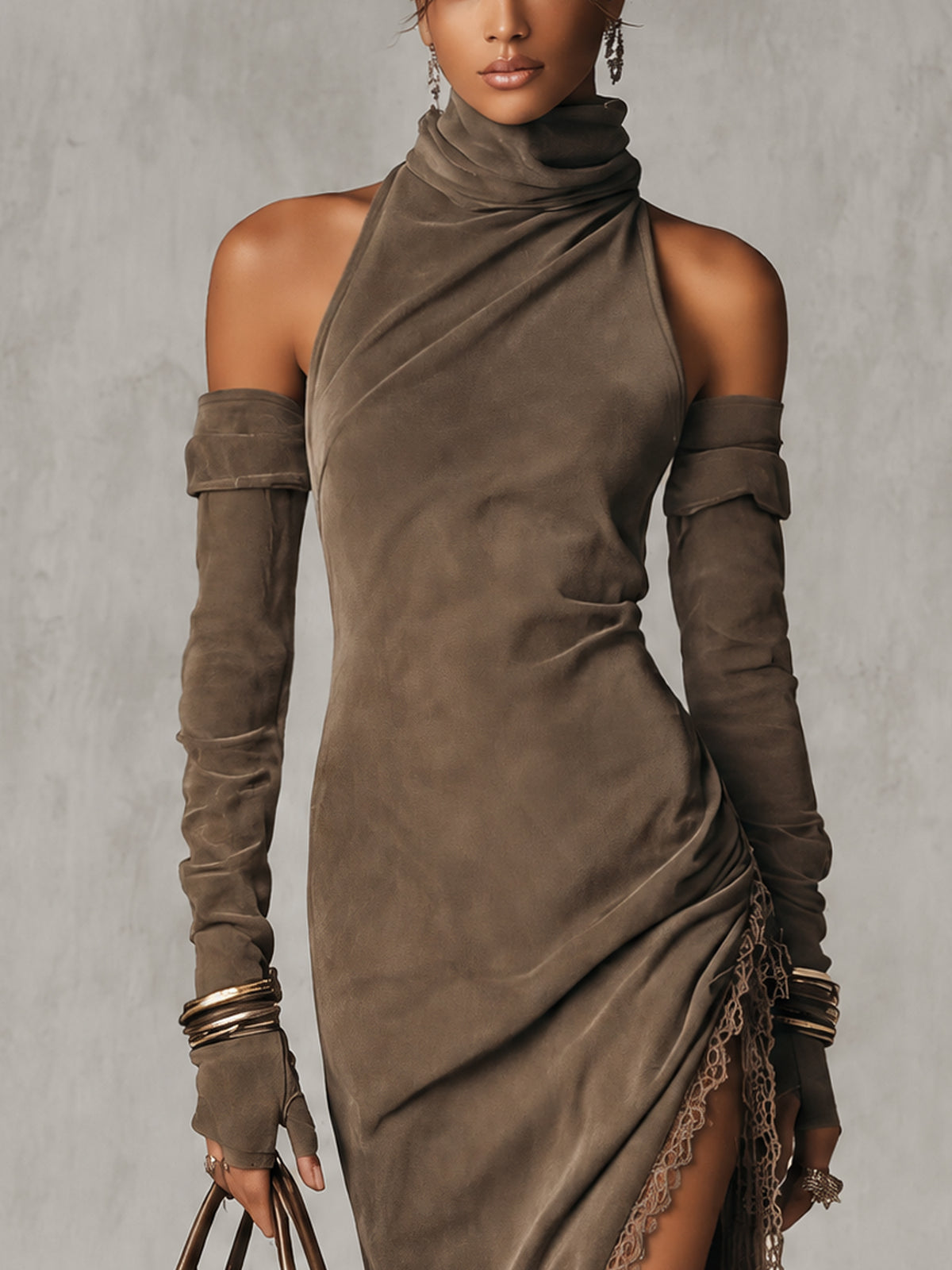 Brown Cold Shoulder Turtleneck Faux Suede Midi Dress