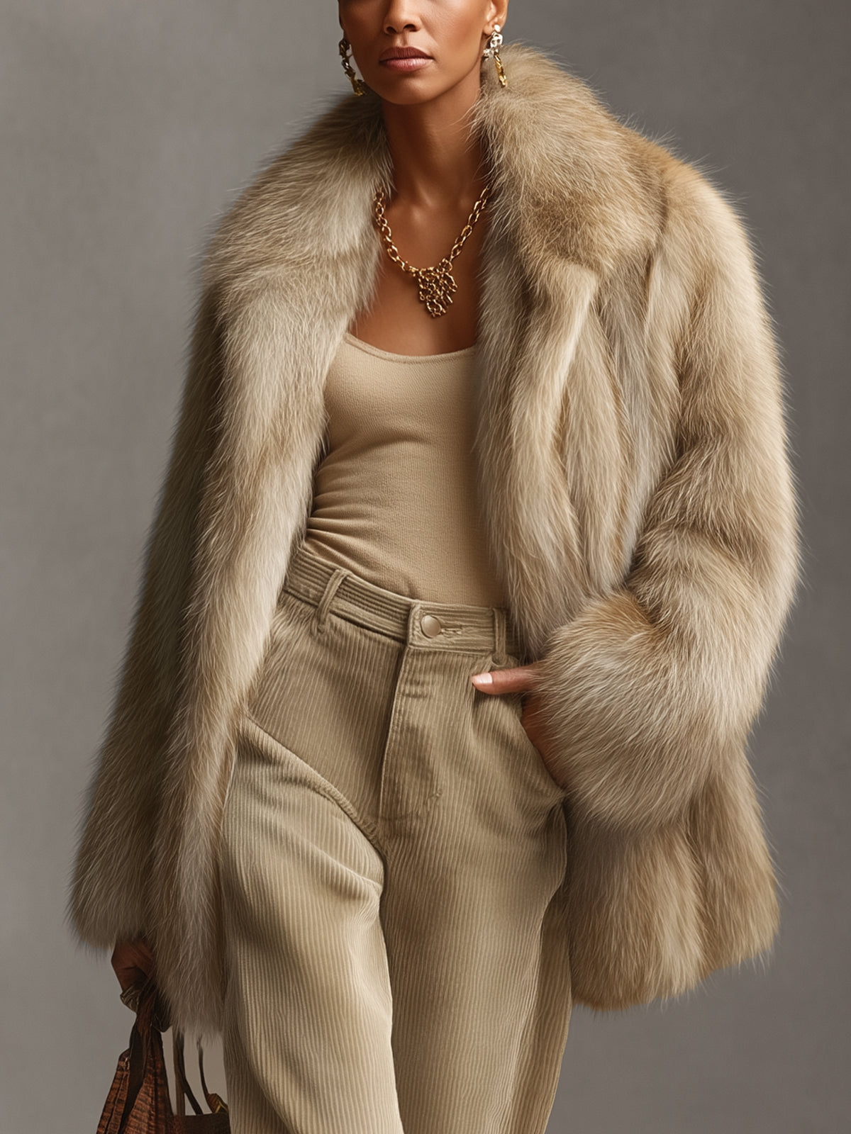 Khaki Gradient Faux Fox Fur Coat
