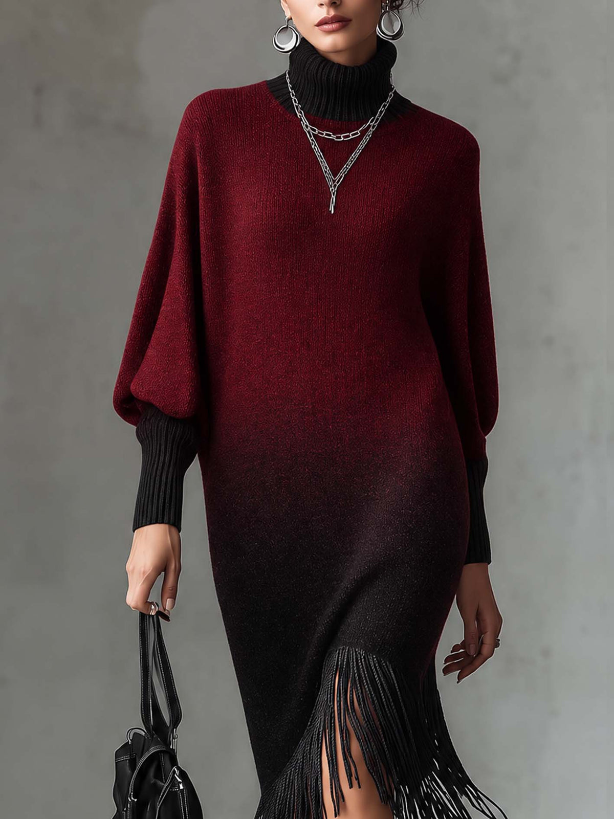 Burgundy Knit Midi Dress With Tassel Fringe Hem And Black Ombre