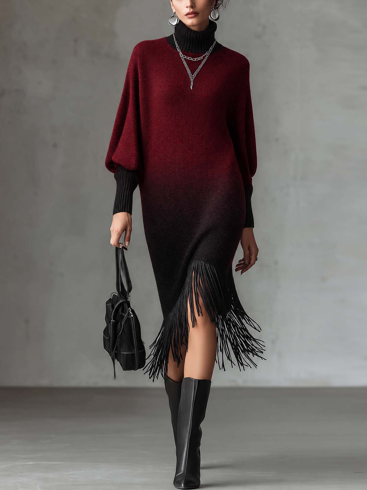 Burgundy Knit Midi Dress With Tassel Fringe Hem And Black Ombre