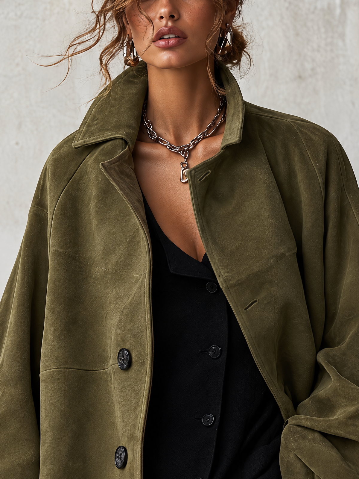 Olive Green Drop Shoulder Suede Oversized Jacket