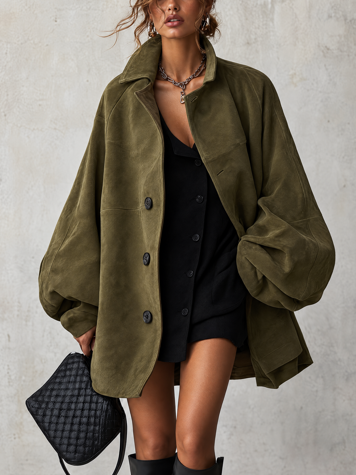 Olive Green Drop Shoulder Suede Oversized Jacket