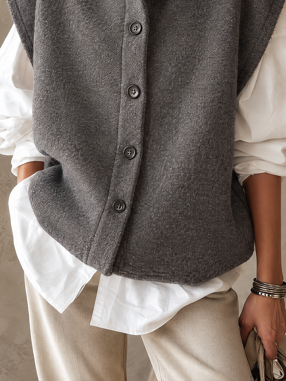 Dark Grey Stand Collar Vest And White Drop Shoulder Shirt Two Piece Set