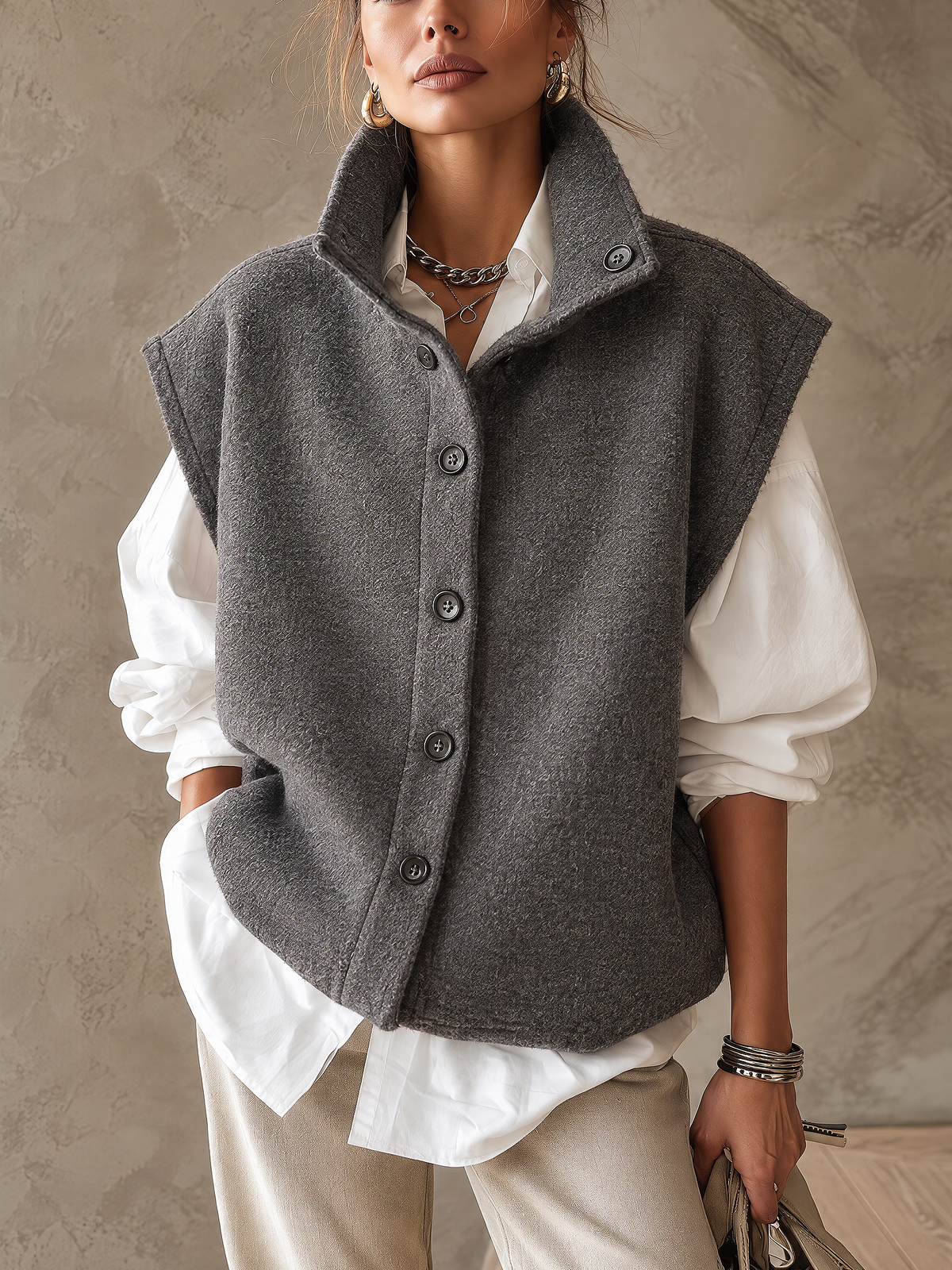 Dark Grey Stand Collar Vest And White Drop Shoulder Shirt Two Piece Set