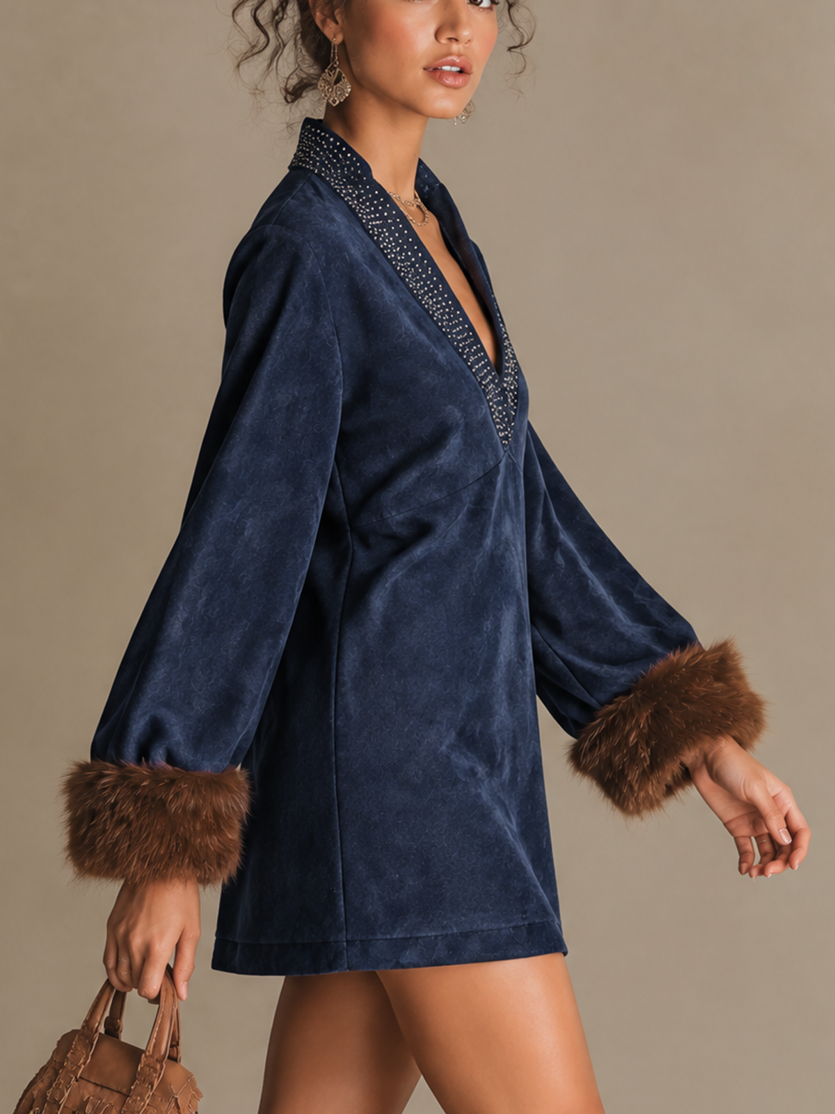Navy Faux Suede V-Neck Rhinestone Collar And Fur Cuffs Mini Dress