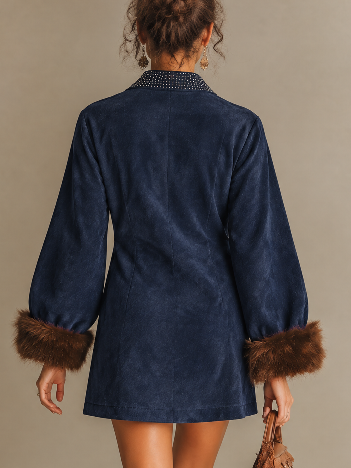 Navy Faux Suede V-Neck Rhinestone Collar And Fur Cuffs Mini Dress