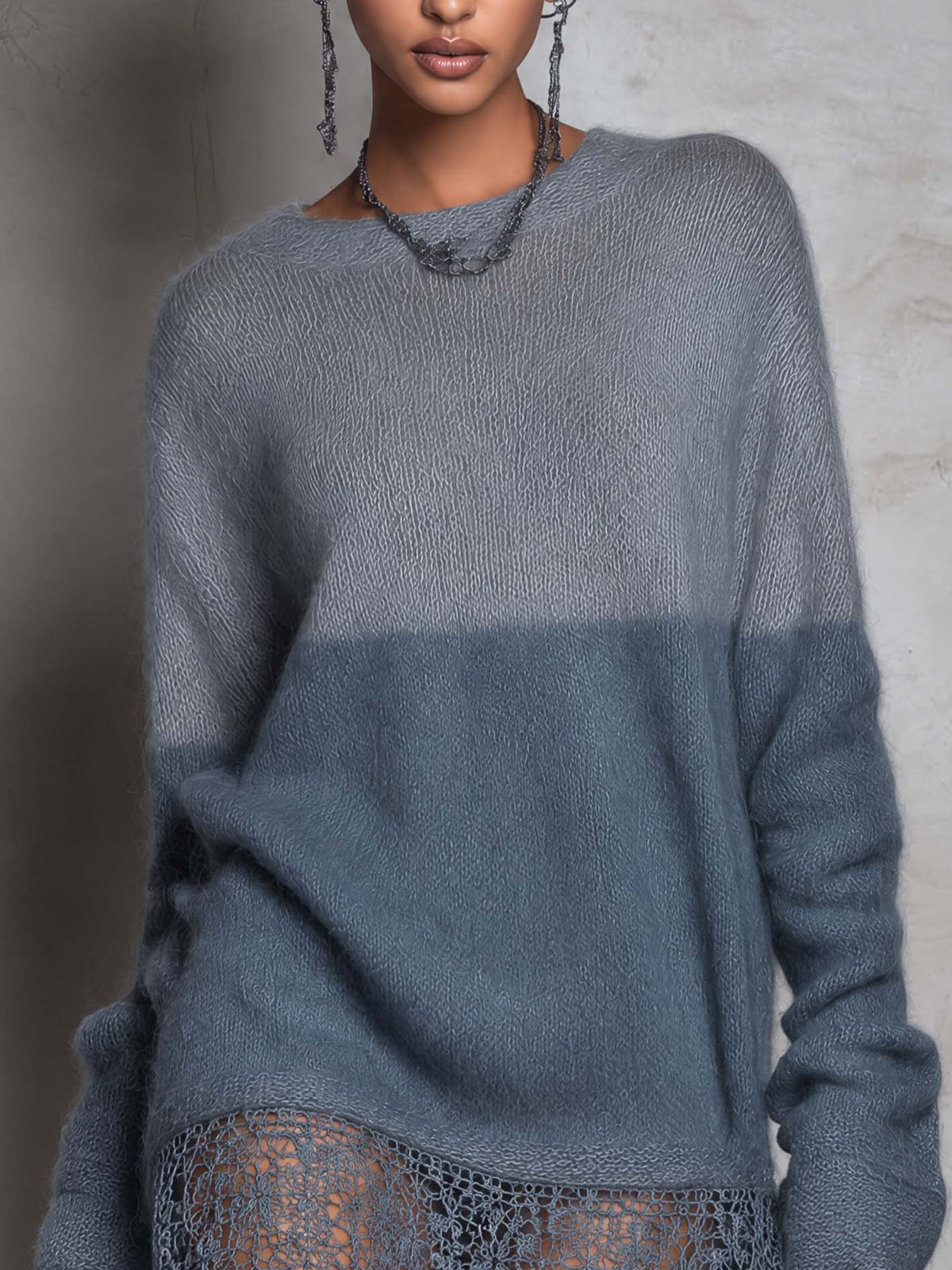Gray And Slate Blue Color Block Mohair Knit Mini Dress With Crochet Lace Hem