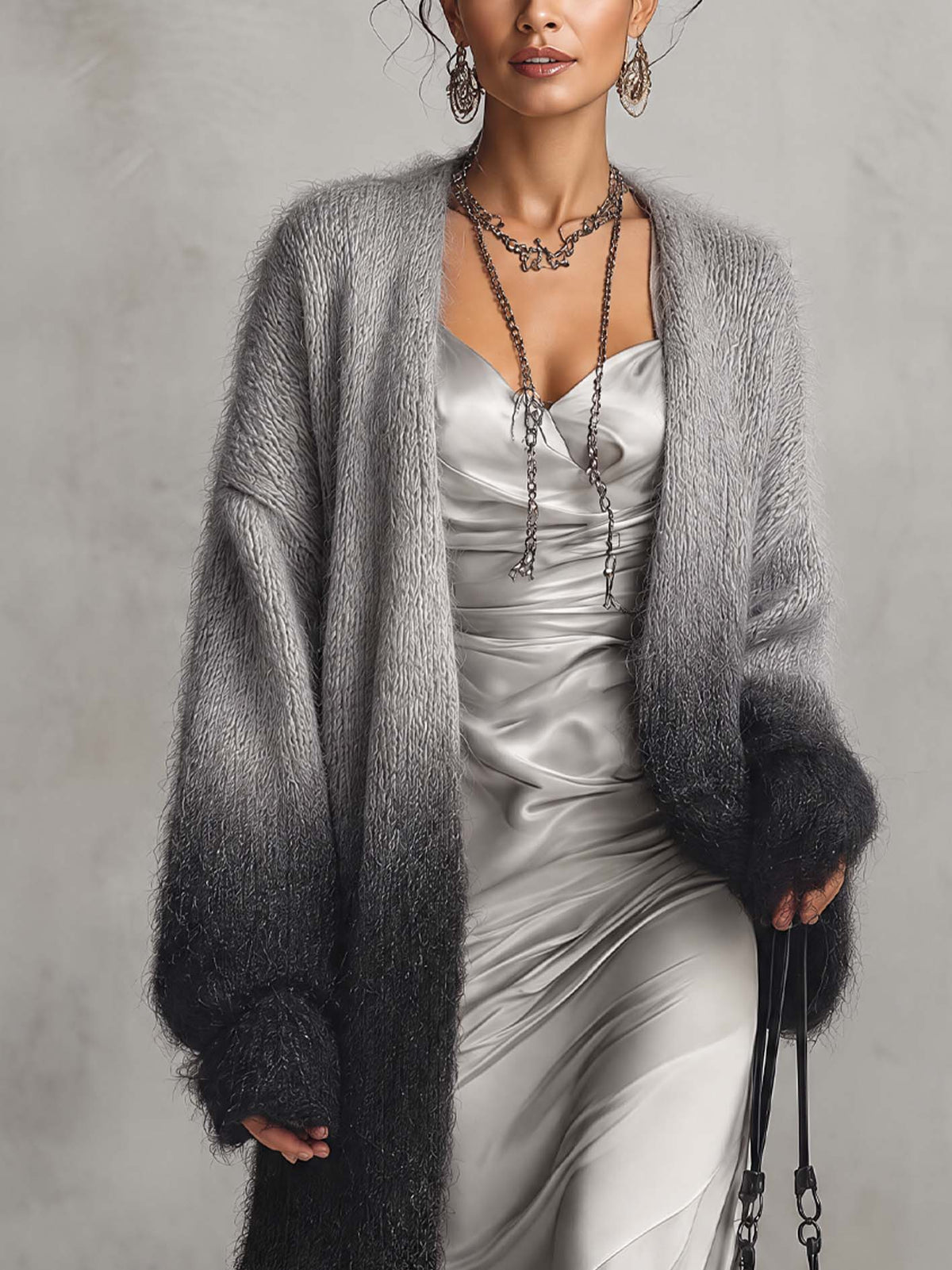 Gray To Black Ombre Fuzzy Mohair Cardigan With Lace Trim Hem