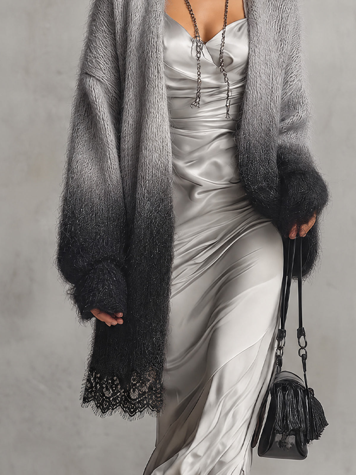 Gray To Black Ombre Fuzzy Mohair Cardigan With Lace Trim Hem