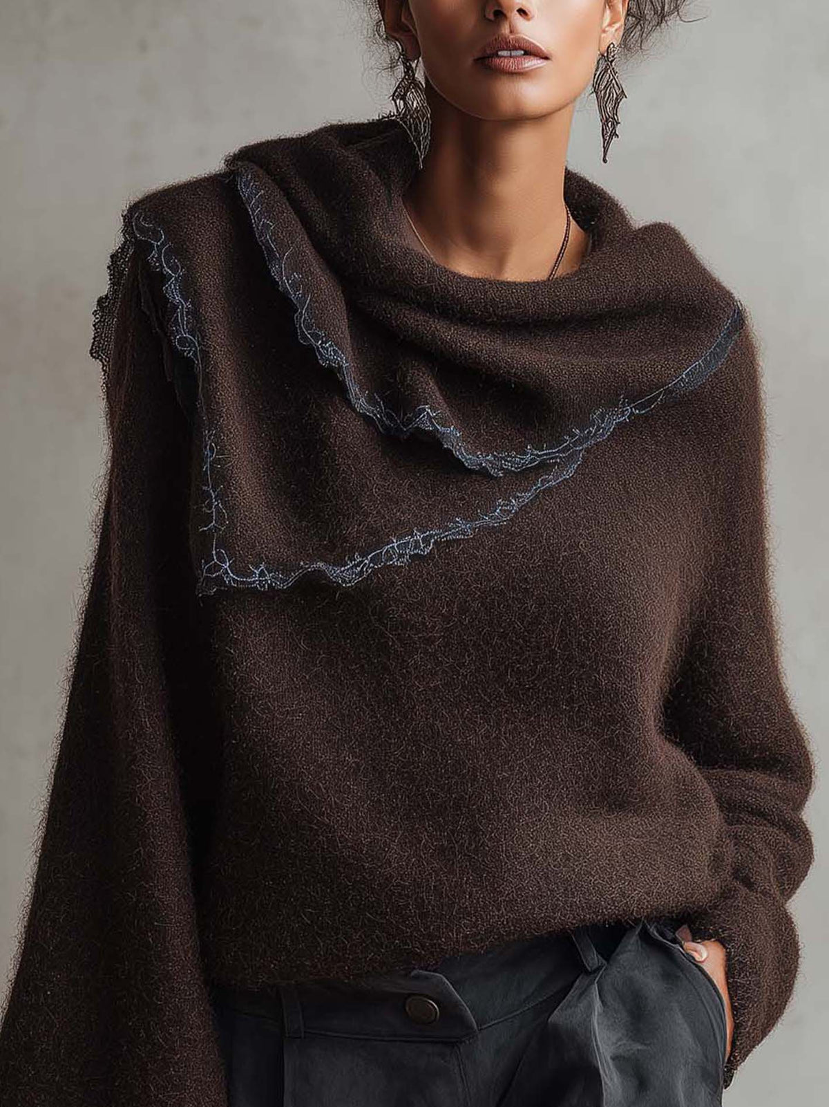 Dark Chocolate Mohair Sweater With Draped Scarf Neck And Contrast Lace Trim