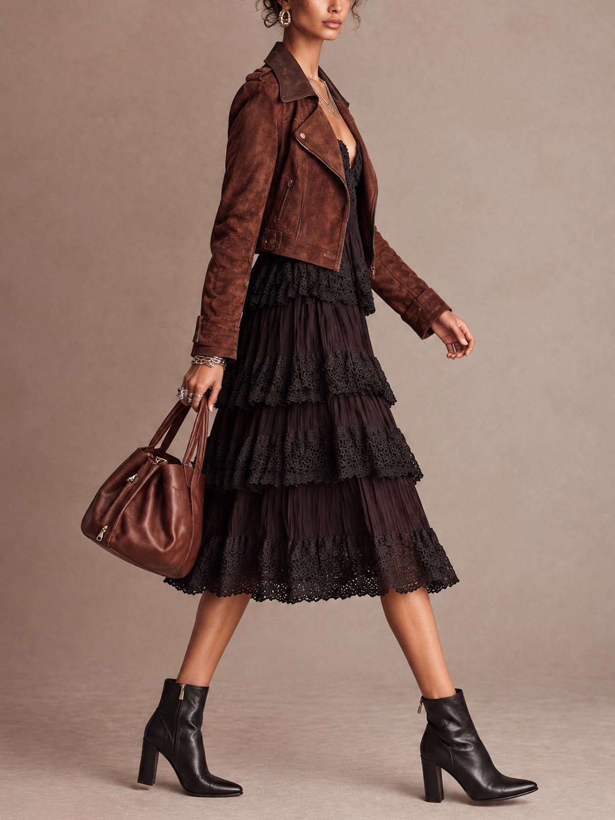 Dark Brown Lace Tiered Slip Midi Dress With Cropped Suede Moto Jacket Set