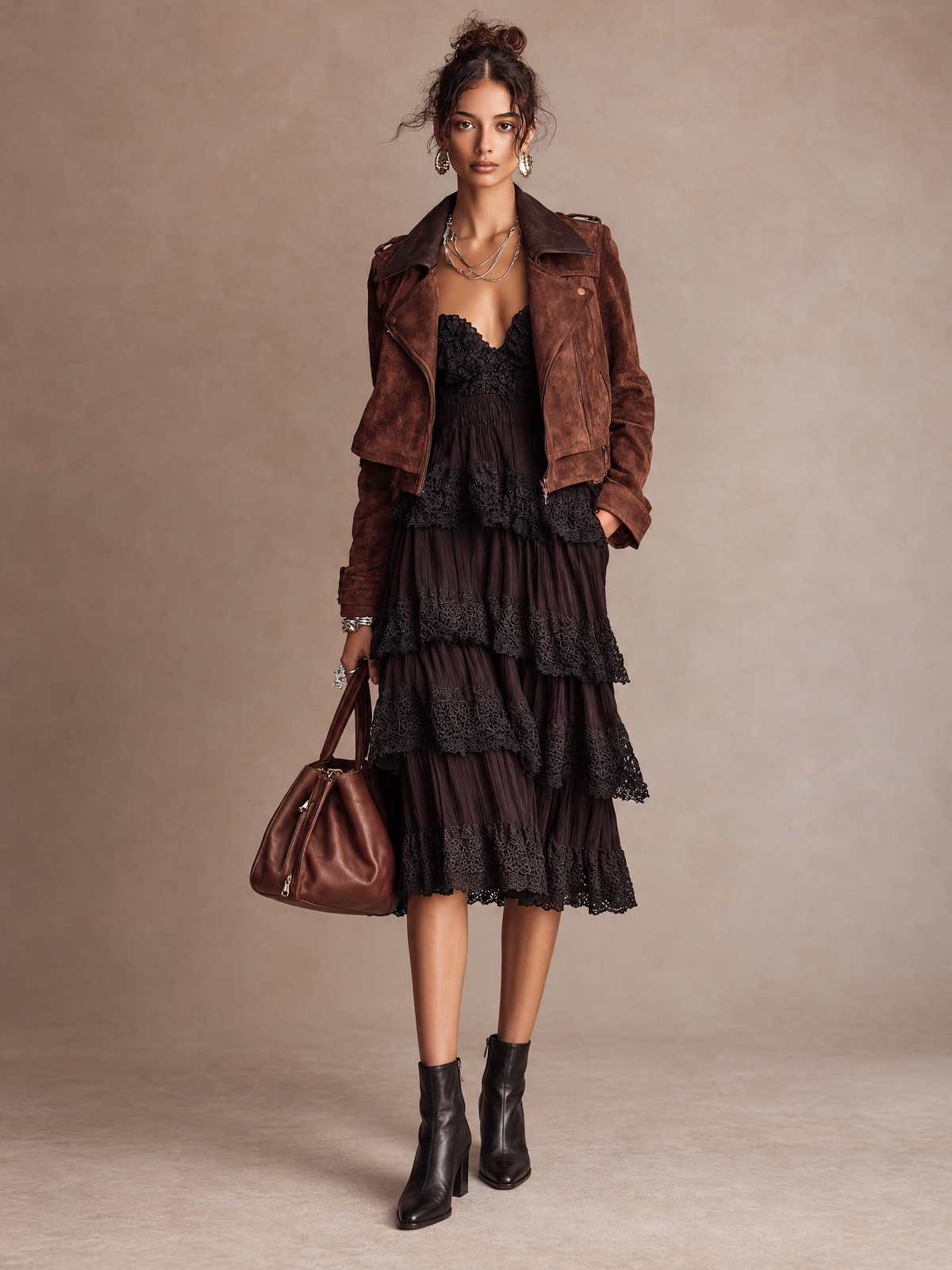 Dark Brown Lace Tiered Slip Midi Dress With Cropped Suede Moto Jacket Set