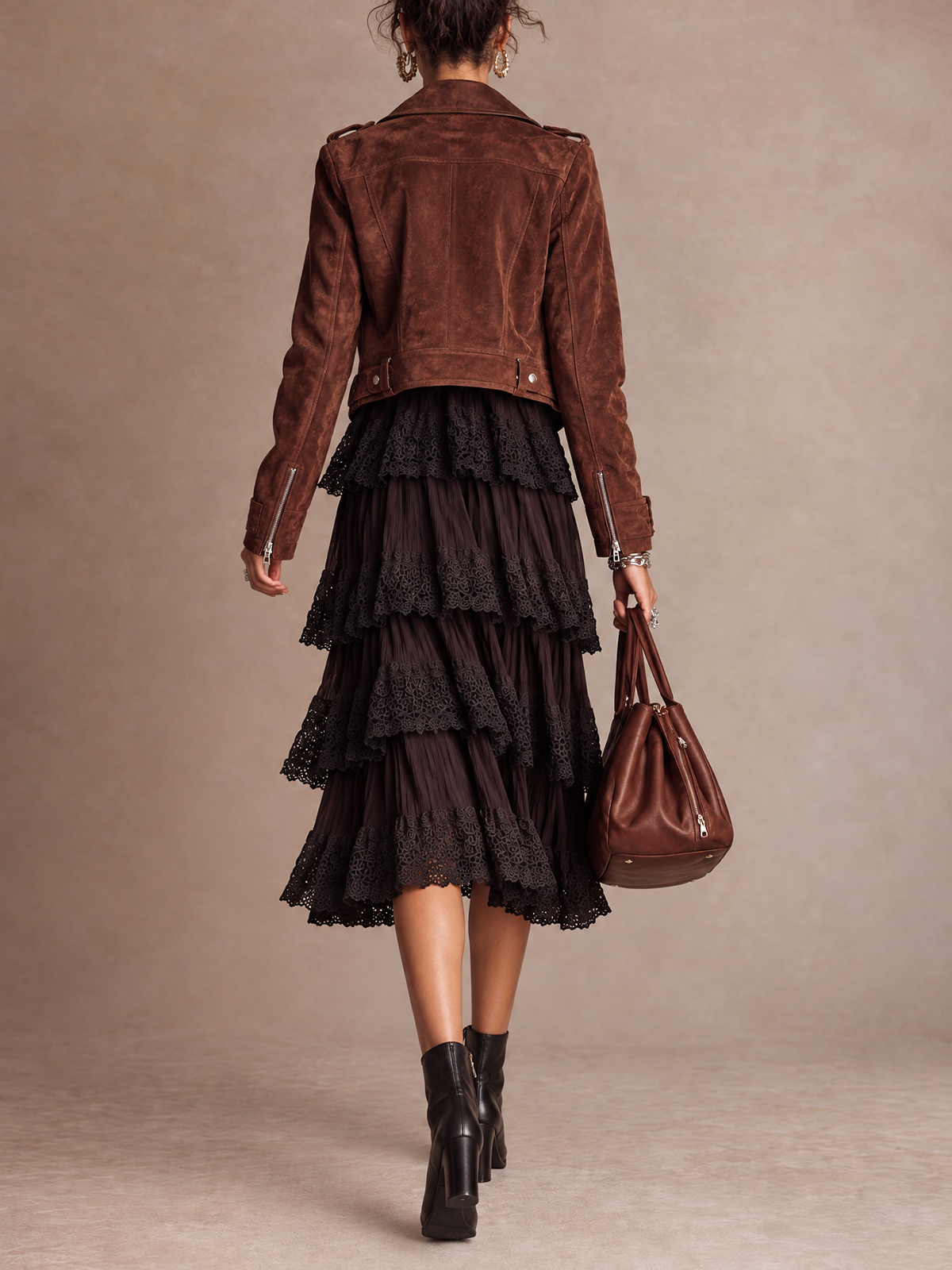 Dark Brown Lace Tiered Slip Midi Dress With Cropped Suede Moto Jacket Set