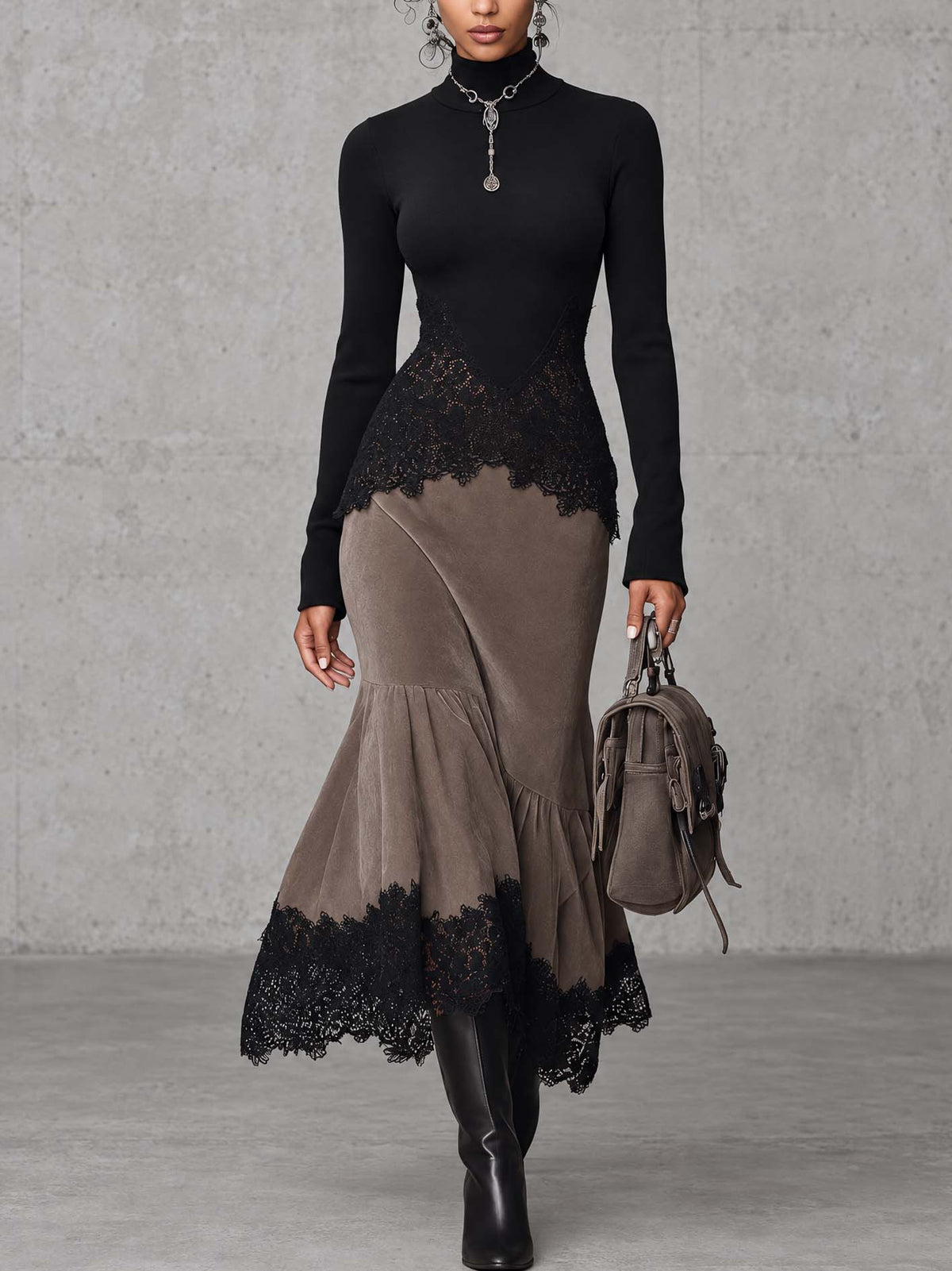 Black Lace Peplum Top And Brown Faux Suede Mermaid Maxi Skirt Set