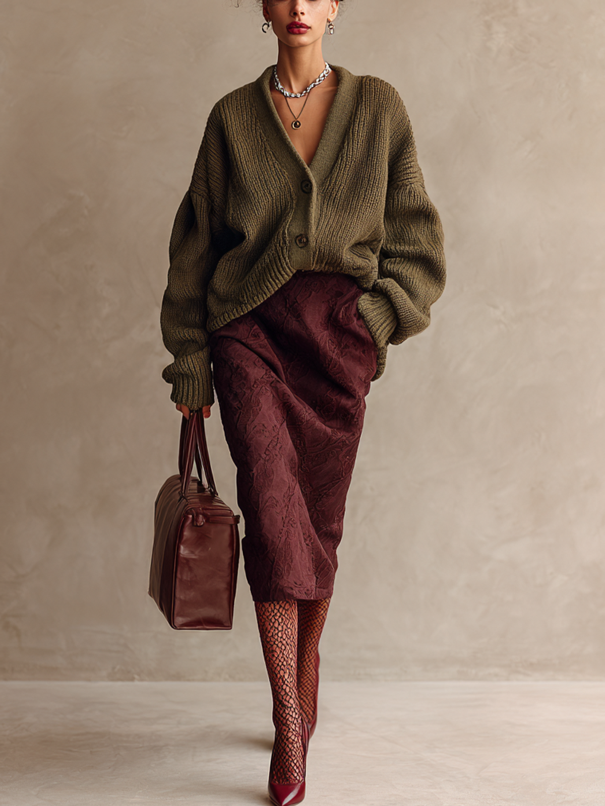 Olive Green Chunky Knit Cardigan And Burgundy Jacquard Midi Skirt Two Piece Set
