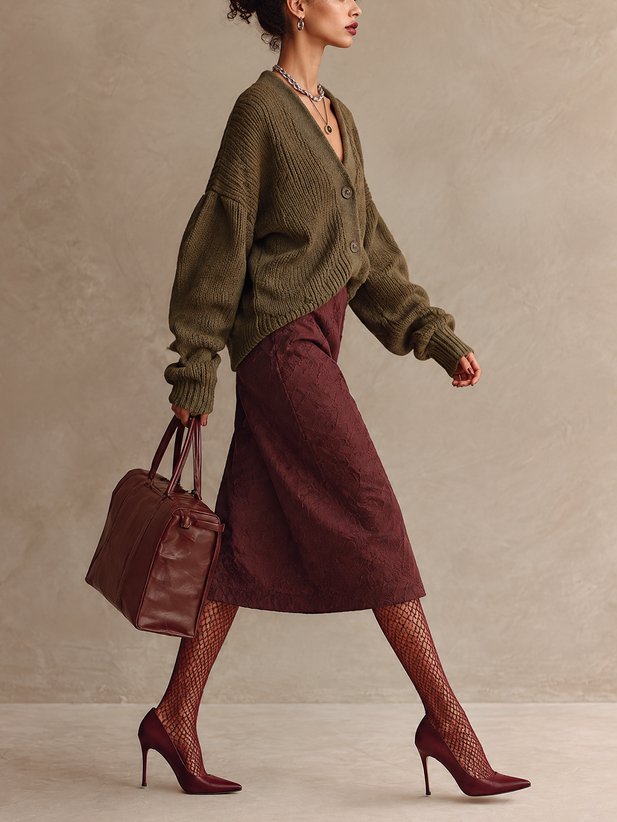 Olive Green Chunky Knit Cardigan And Burgundy Jacquard Midi Skirt Two Piece Set