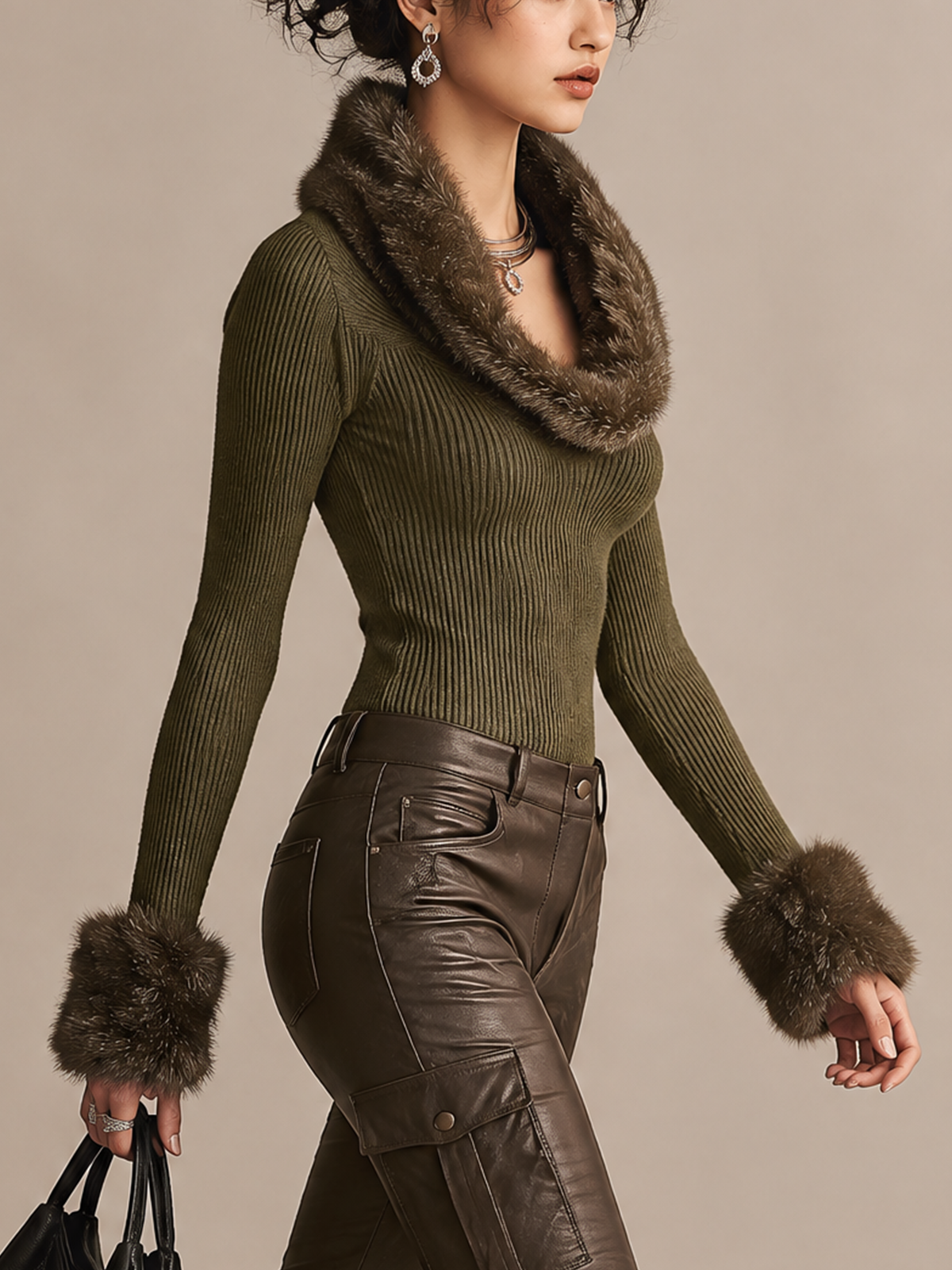 Olive Green Ribbed Knit Faux Fur Collar And Cuffs Top