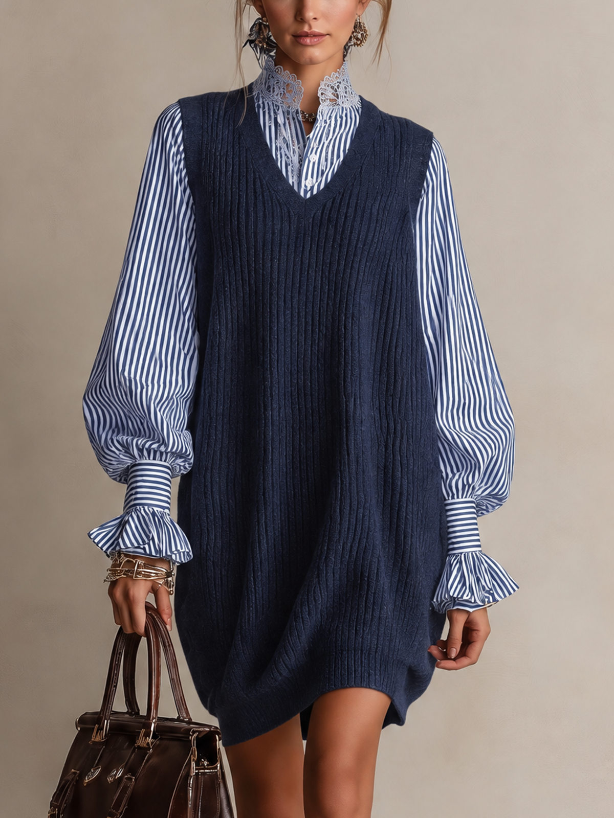 Navy Cable Knit V-Neck Faux Two Piece Striped Balloon Sleeves Mini Dress