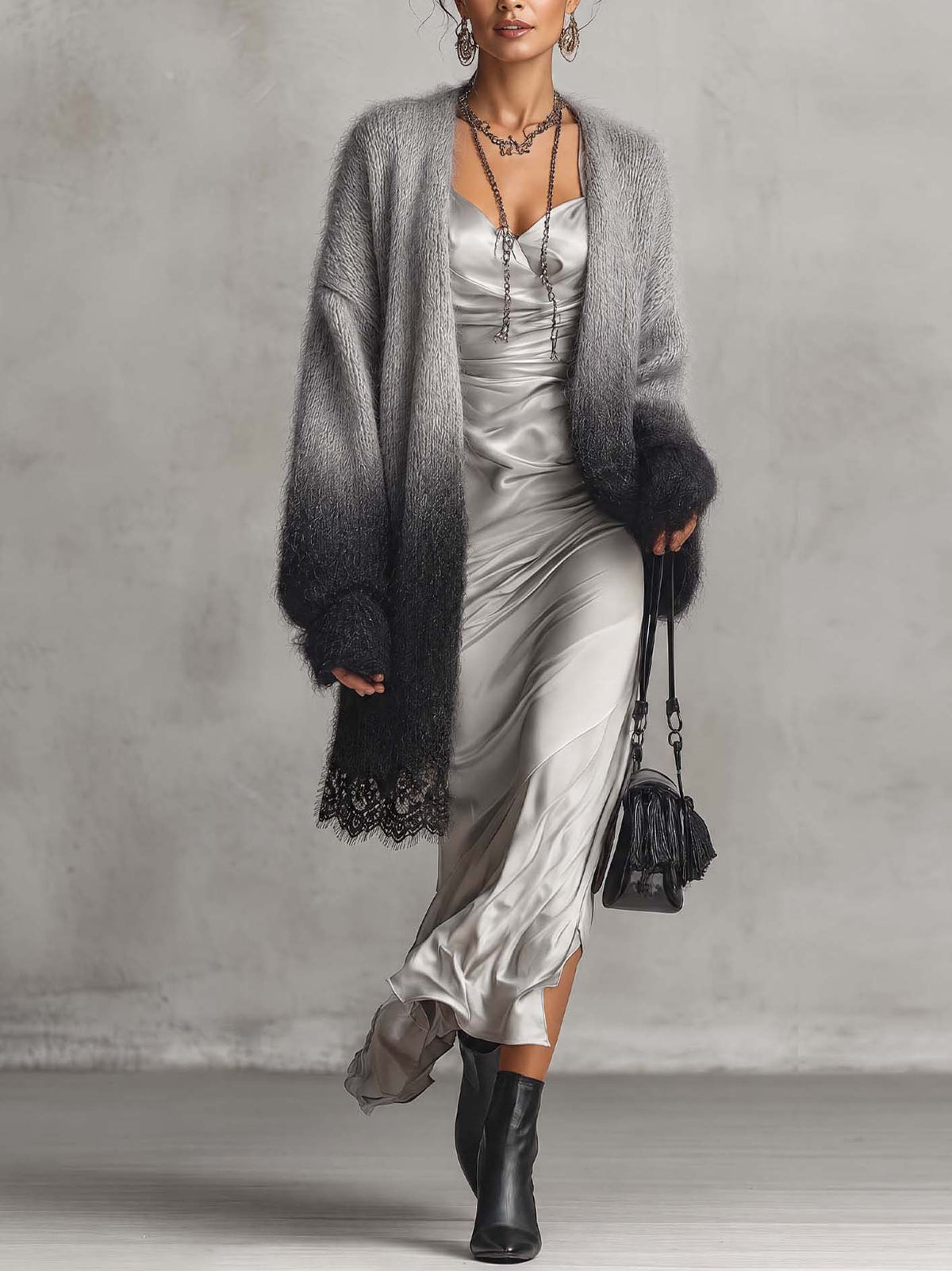Gray To Black Ombre Fuzzy Mohair Cardigan With Lace Trim Hem