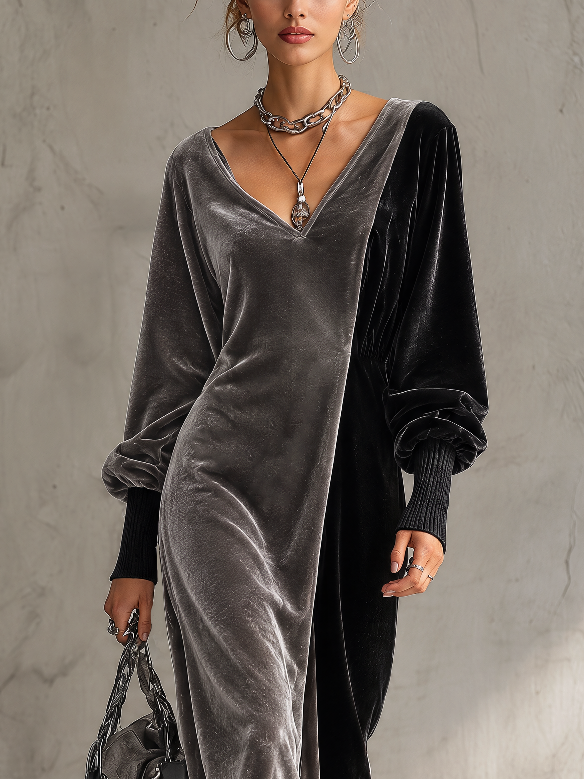 Grey And Black Color Block Velvet V-Neck Maxi Dress
