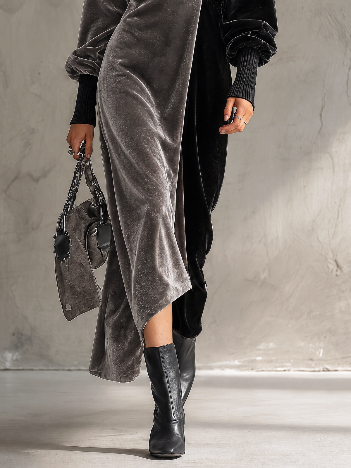Grey And Black Color Block Velvet V-Neck Maxi Dress