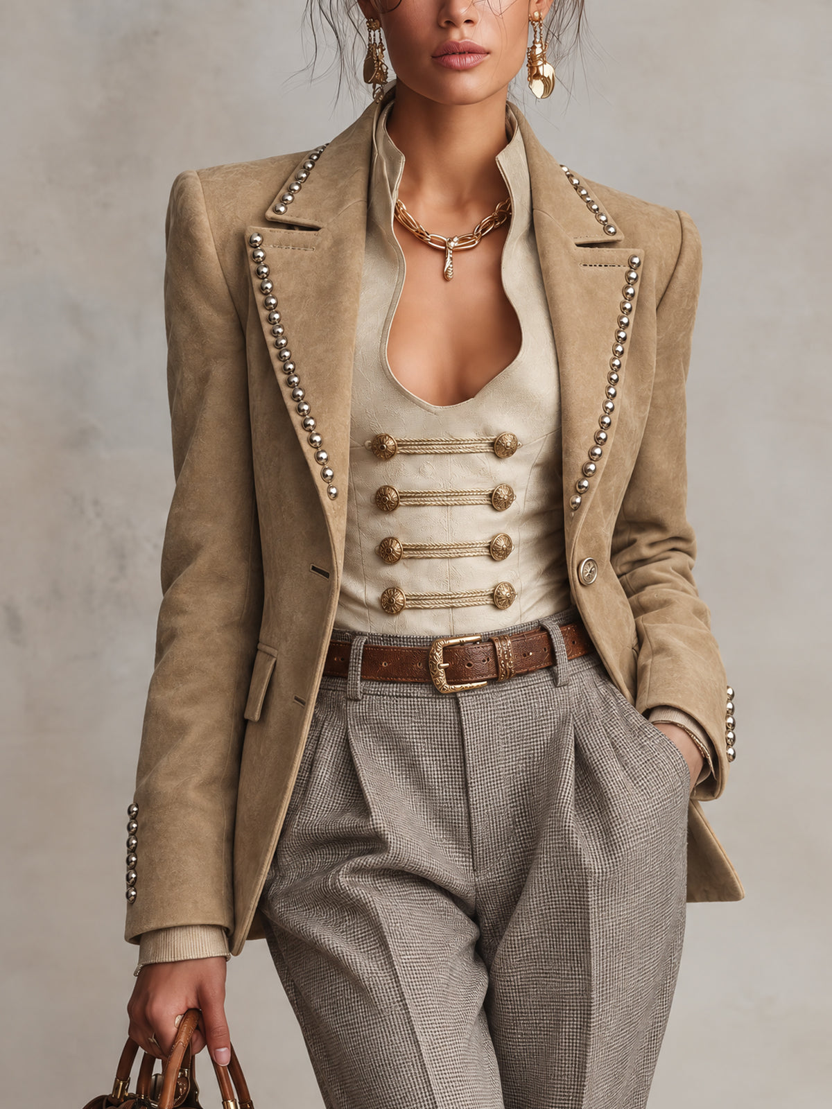 Khaki Faux Suede Studded Nipped Waist Blazer