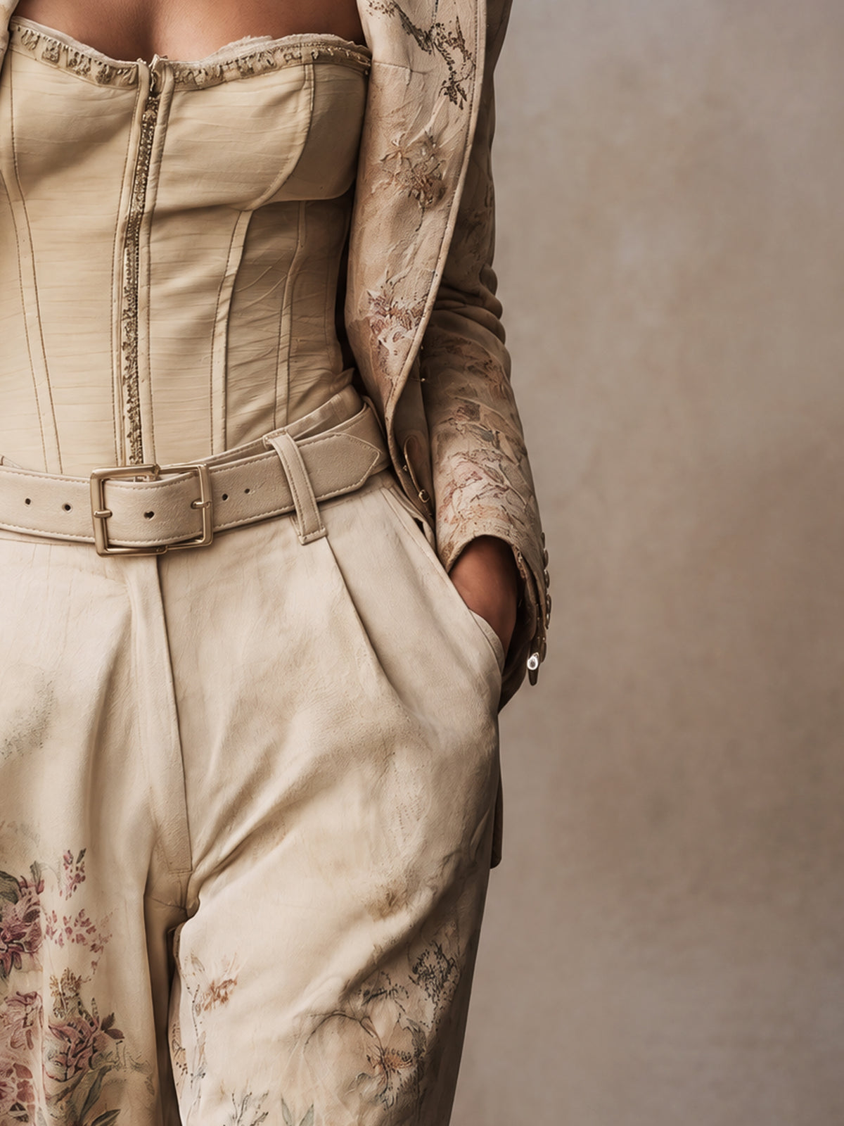 Beige Romantic Floral Print Peak Lapel Blazer