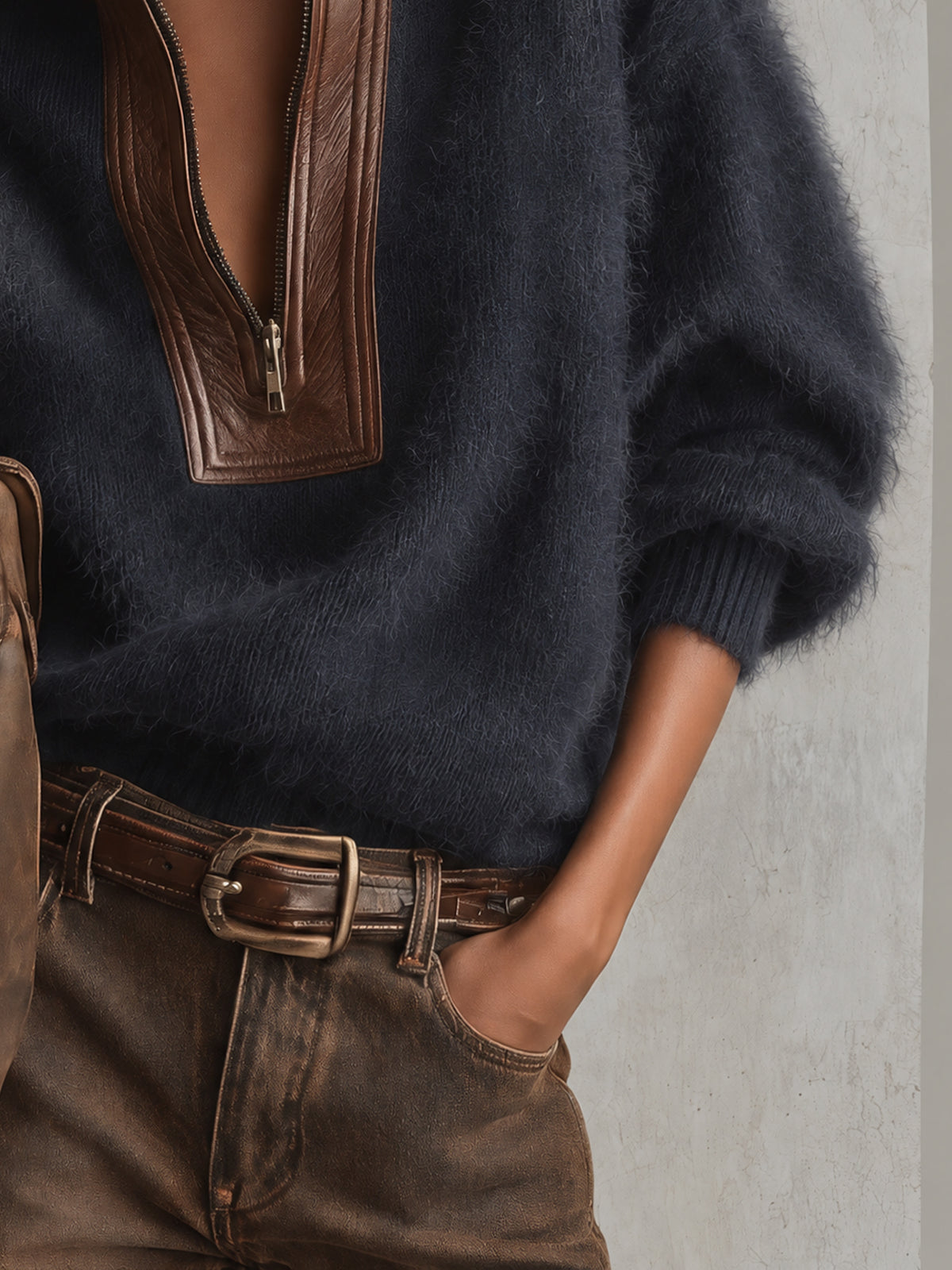 Blue Oversized Mohair Pu Leather Trim Half Zip Sweater