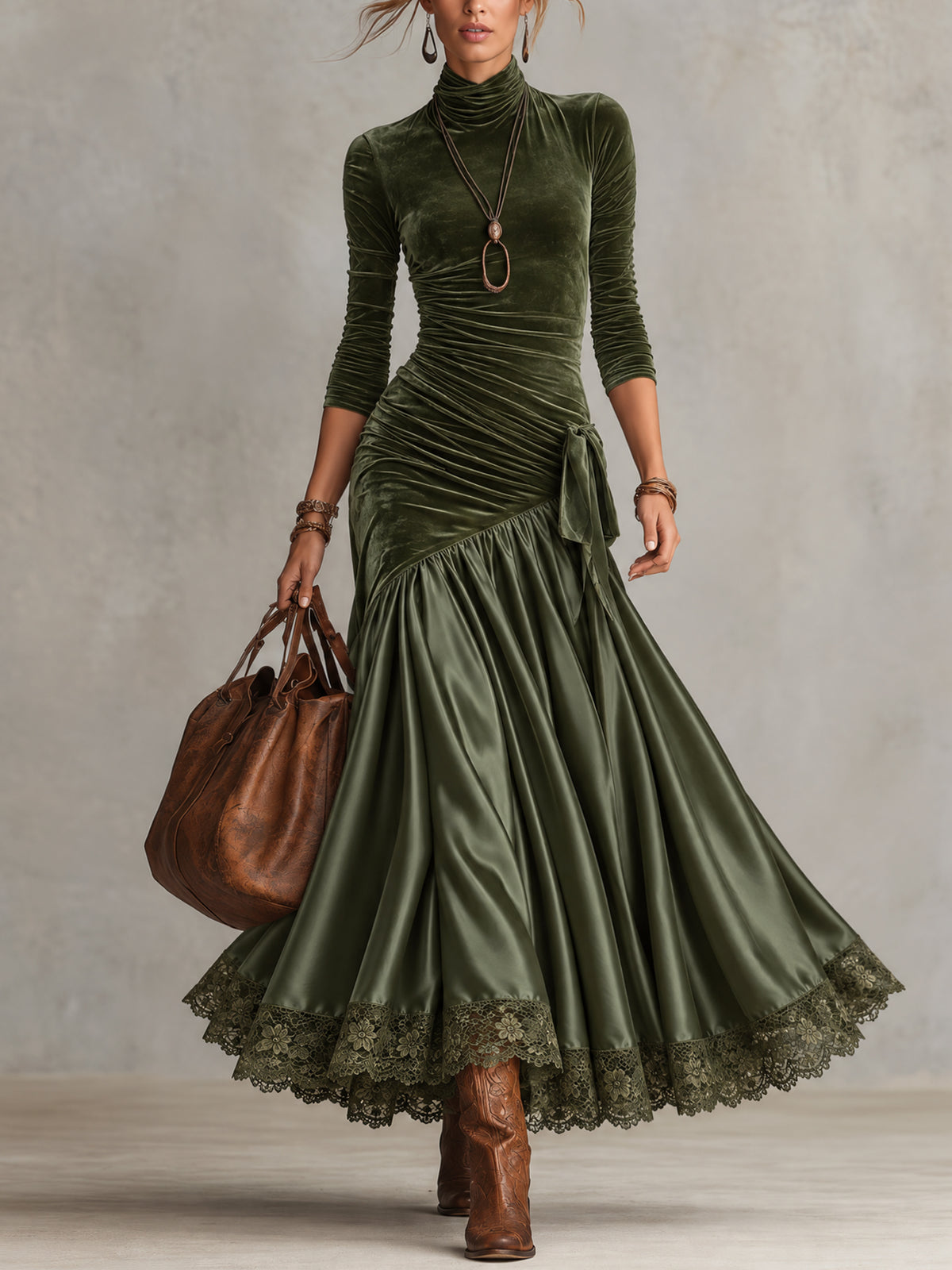 Olive Green Stretch Velvet Satin Panelled Lace Hem Maxi Dress