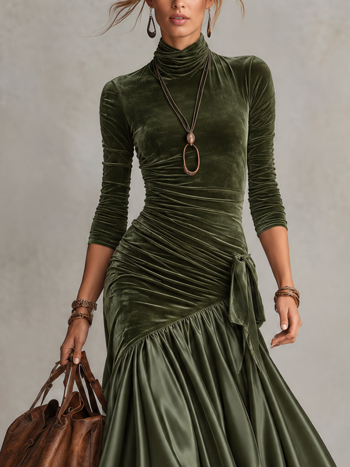 Olive Green Stretch Velvet Satin Panelled Lace Hem Maxi Dress