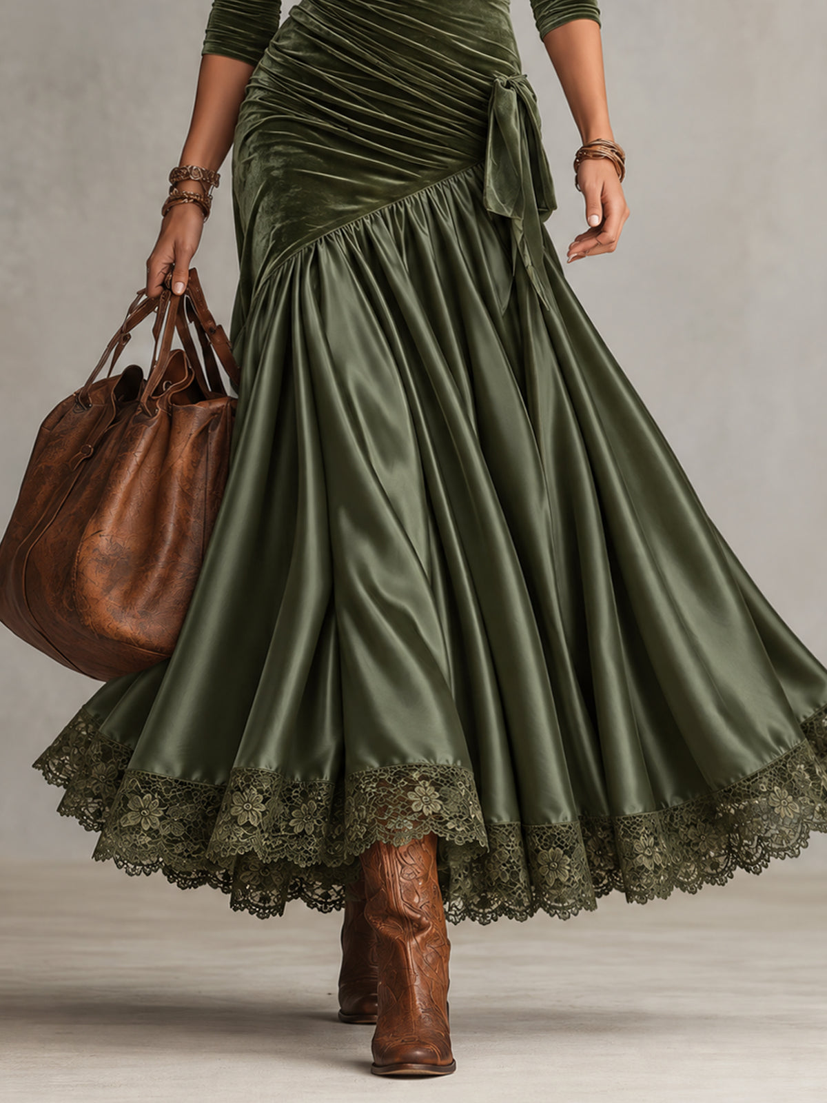 Olive Green Stretch Velvet Satin Panelled Lace Hem Maxi Dress