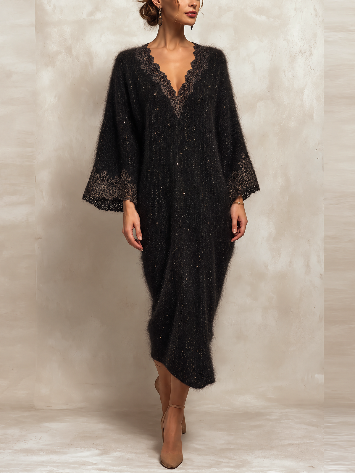 Black Sparkly Mohair Midi Sweater Dress With Brown Lace Trim