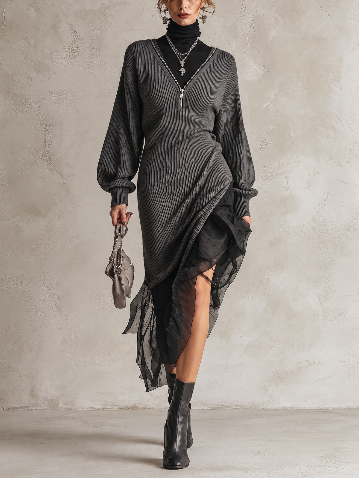 Grey Ribbed Knit Midi Dress With Tulle Asymmetric Hem And Fake Two-Piece Zipper Neck