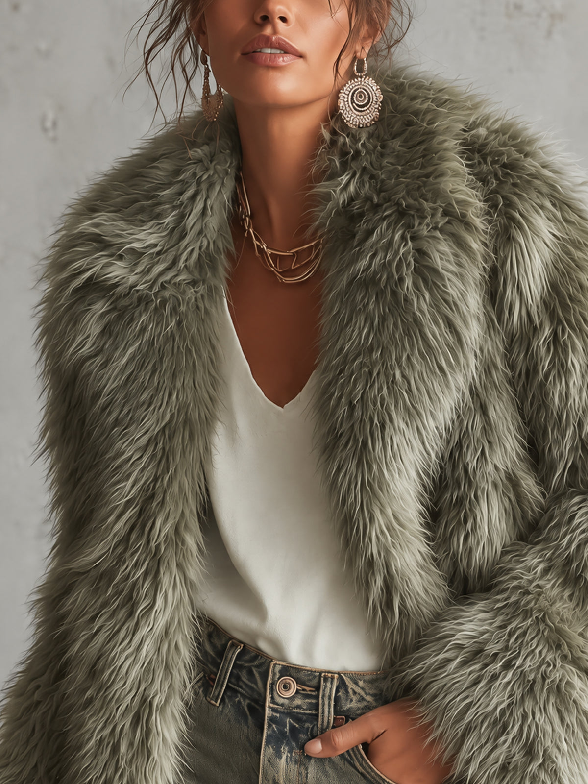 Green Lapel Faux Fur Coat