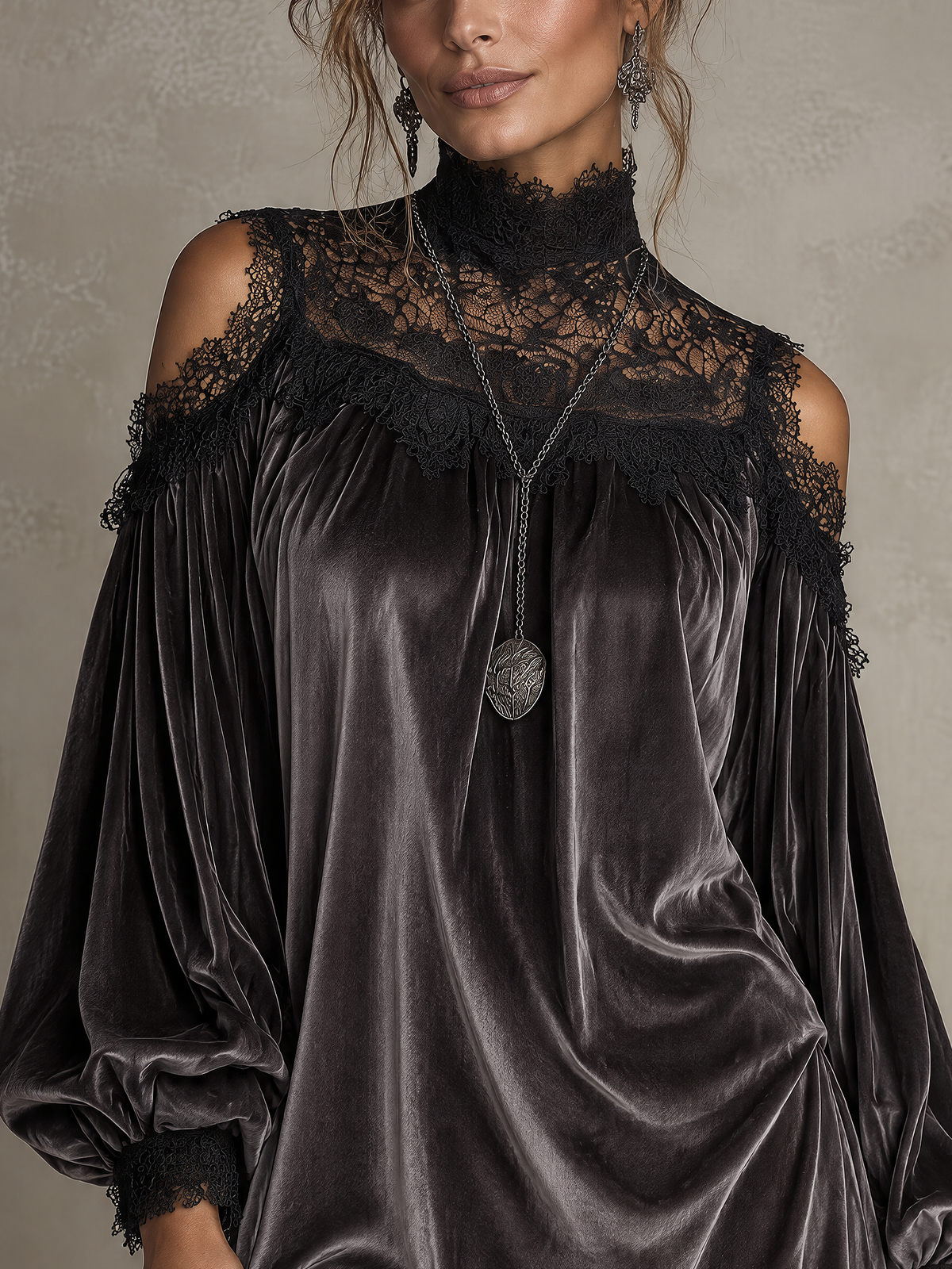 Dark Purple Velvet Cold Shoulder Mini Dress With Lace High Neck