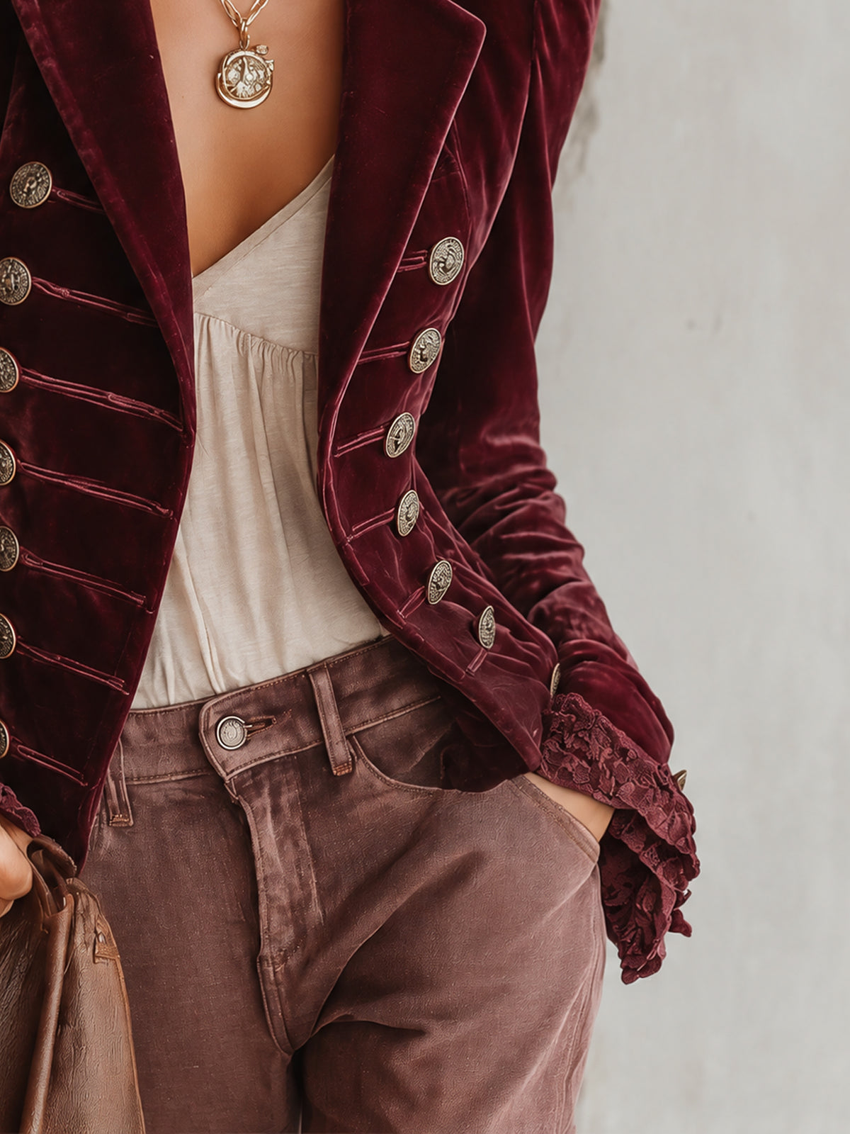 Burgundy Velvet Napoleon Military Button Lace Cuff Jacket