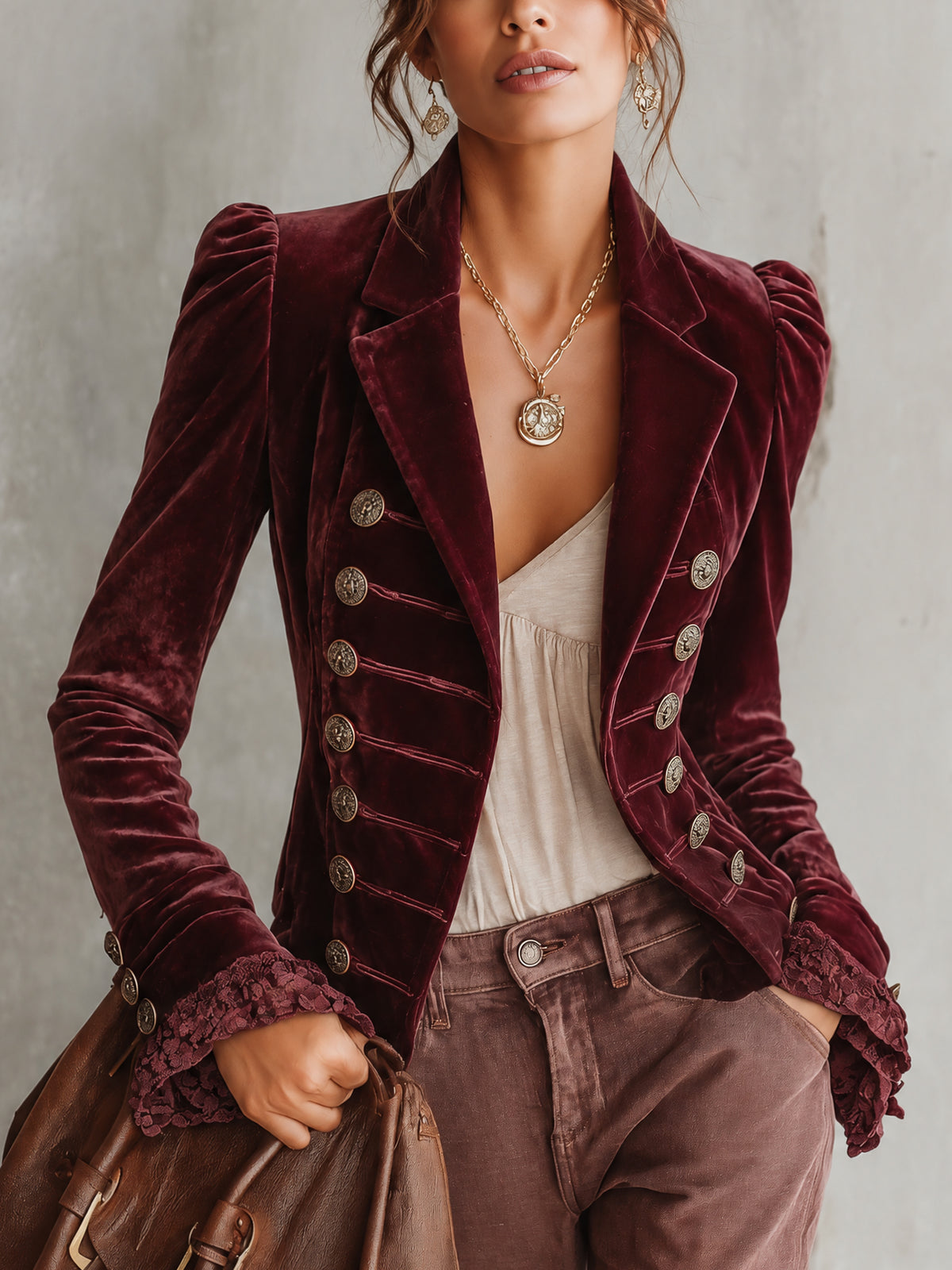 Burgundy Velvet Napoleon Military Button Lace Cuff Jacket