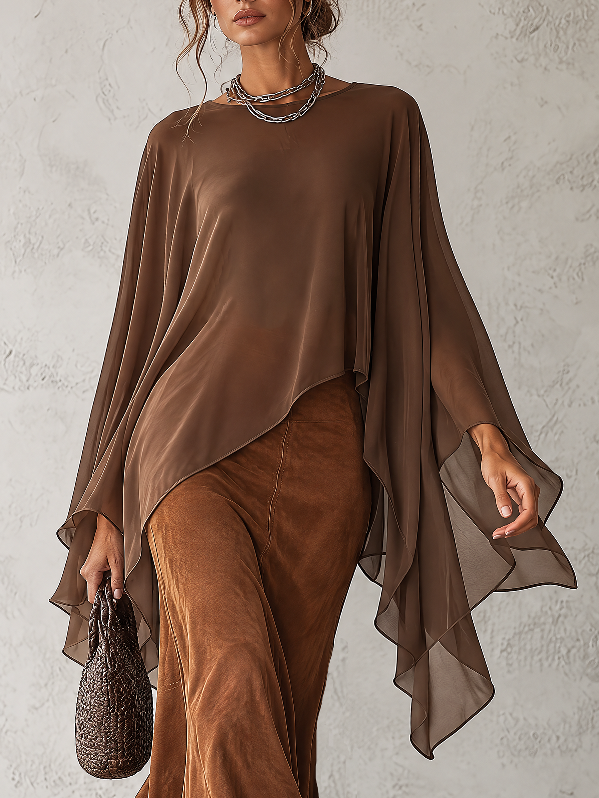 Brown Chiffon Cape Sleeve Top & Suede Flare Maxi Skirt Two Piece Set
