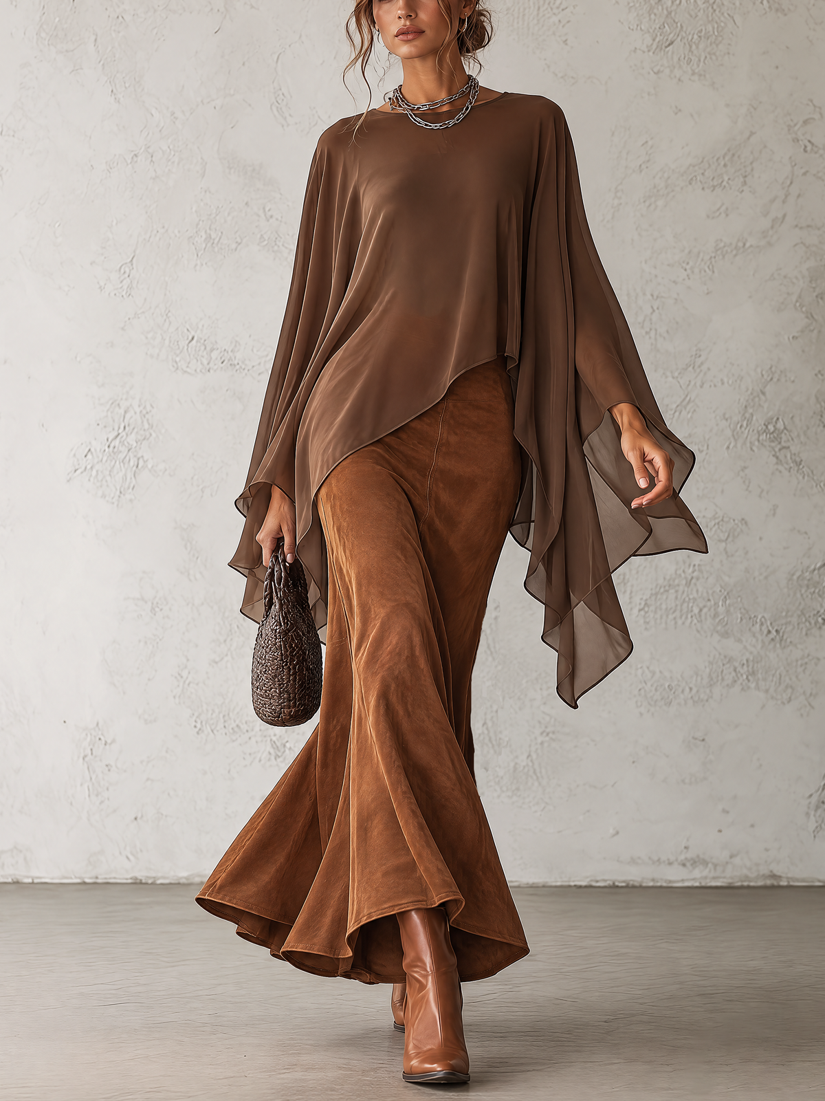 Brown Chiffon Cape Sleeve Top & Suede Flare Maxi Skirt Two Piece Set